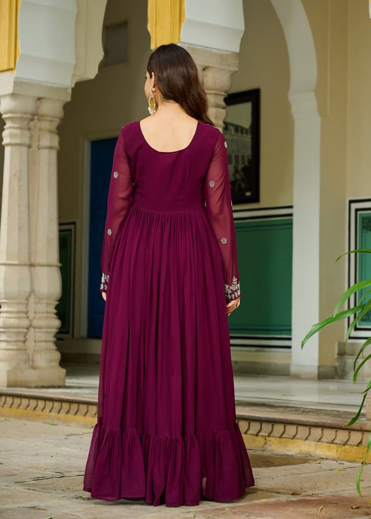 Wine Gown With Beads Embroidery Gown