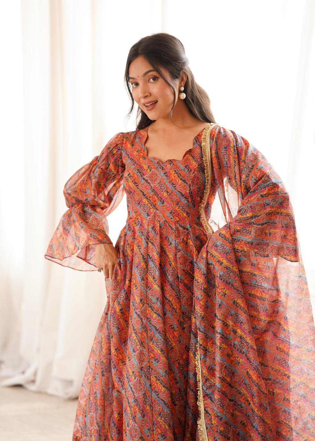 Sunset Printed Puff Sleeves Anarkali