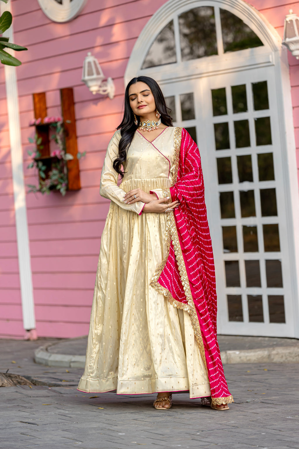Cream jacquard butti gown with digital printed chinon dupatta