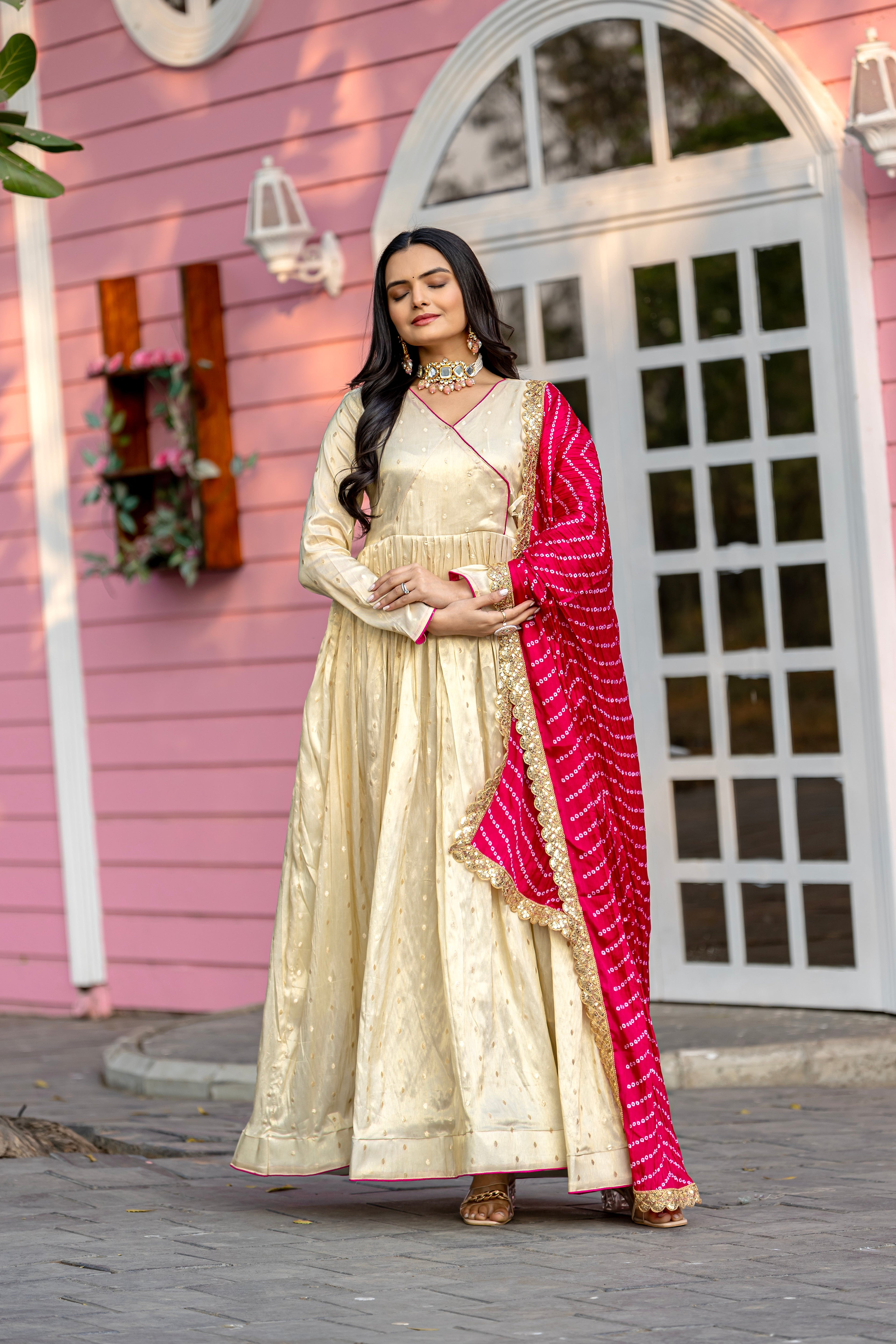 Cream jacquard butti gown with digital printed chinon dupatta