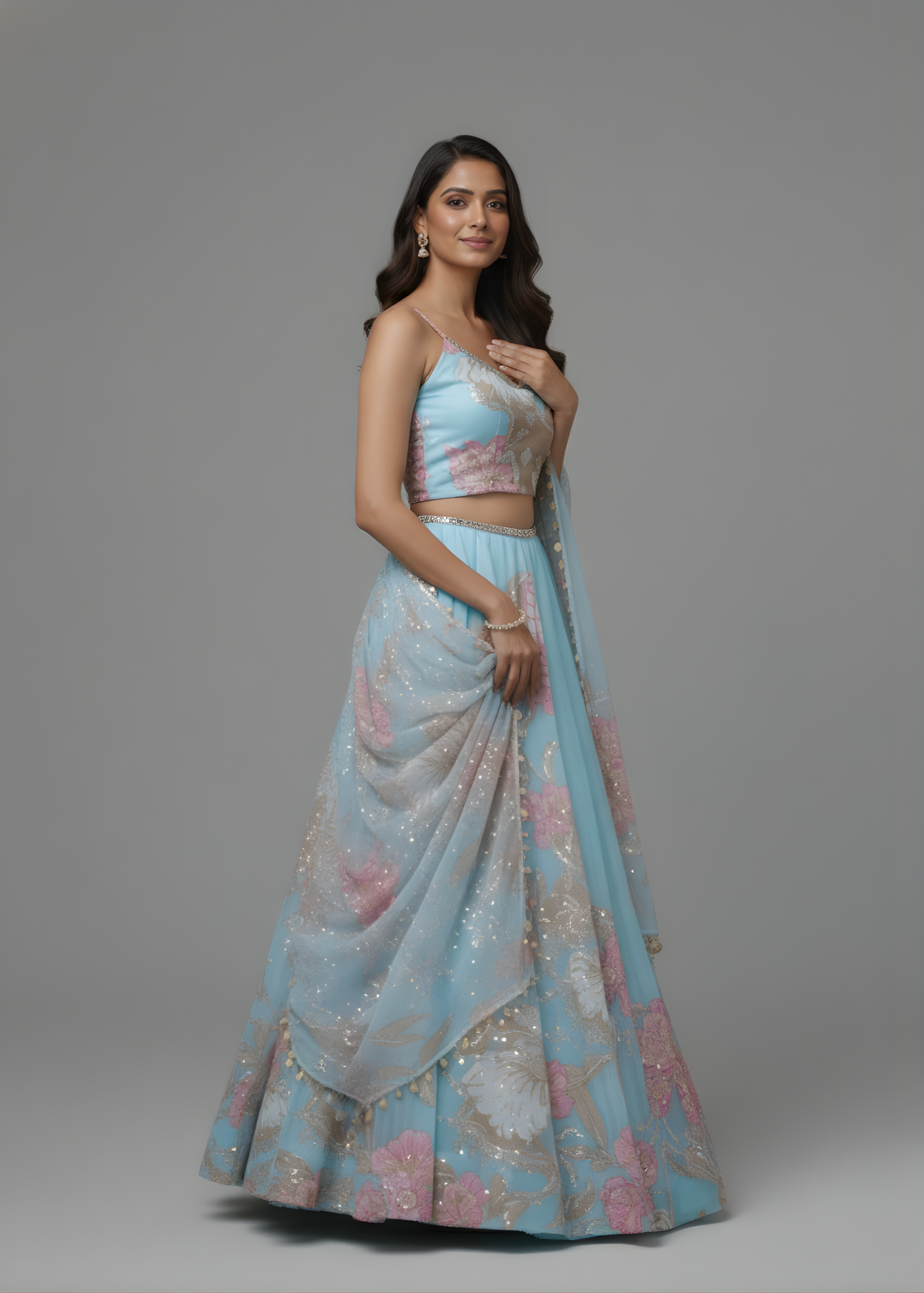 Blue Blossom Floral Printed Lehenga