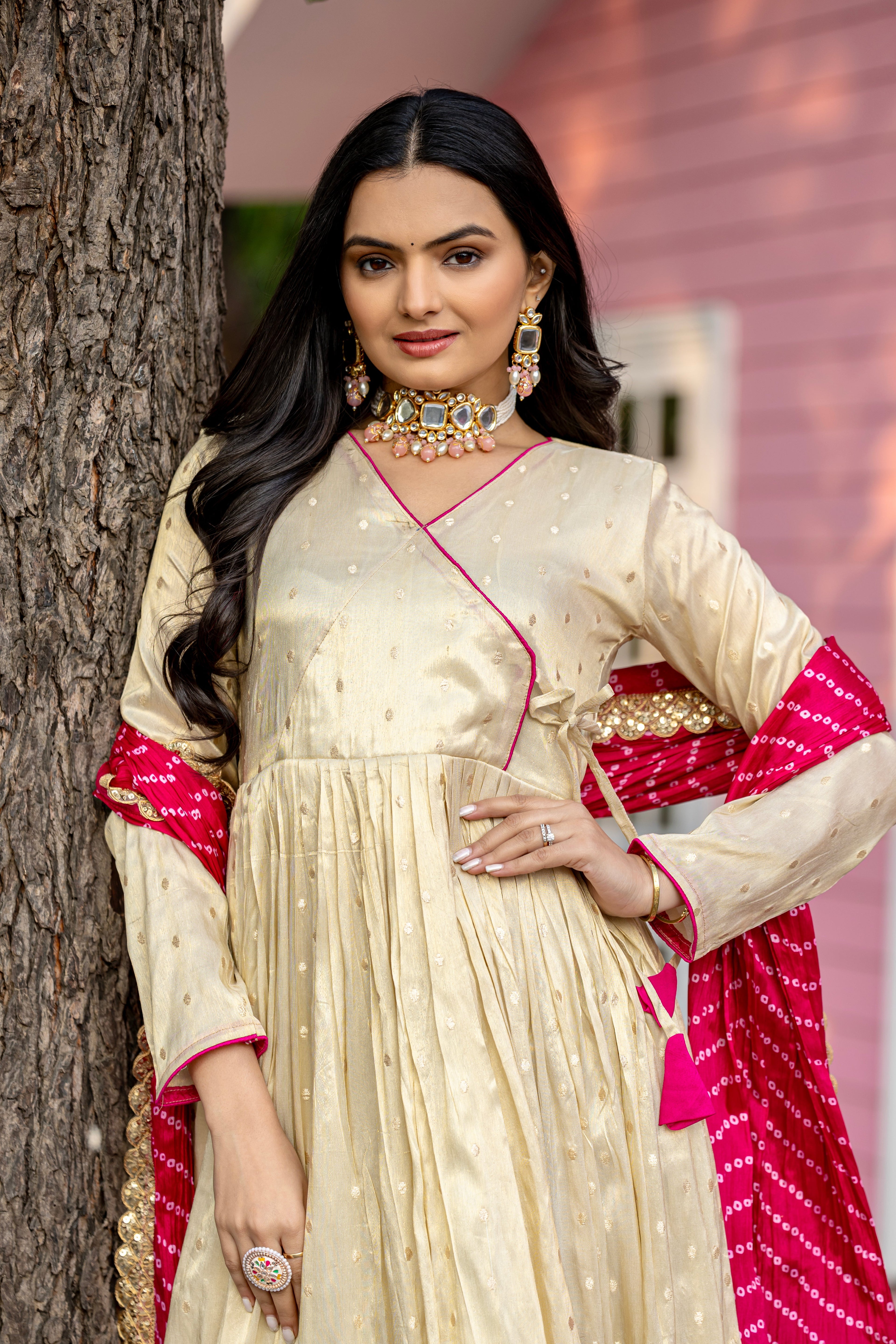 Cream jacquard butti gown with digital printed chinon dupatta