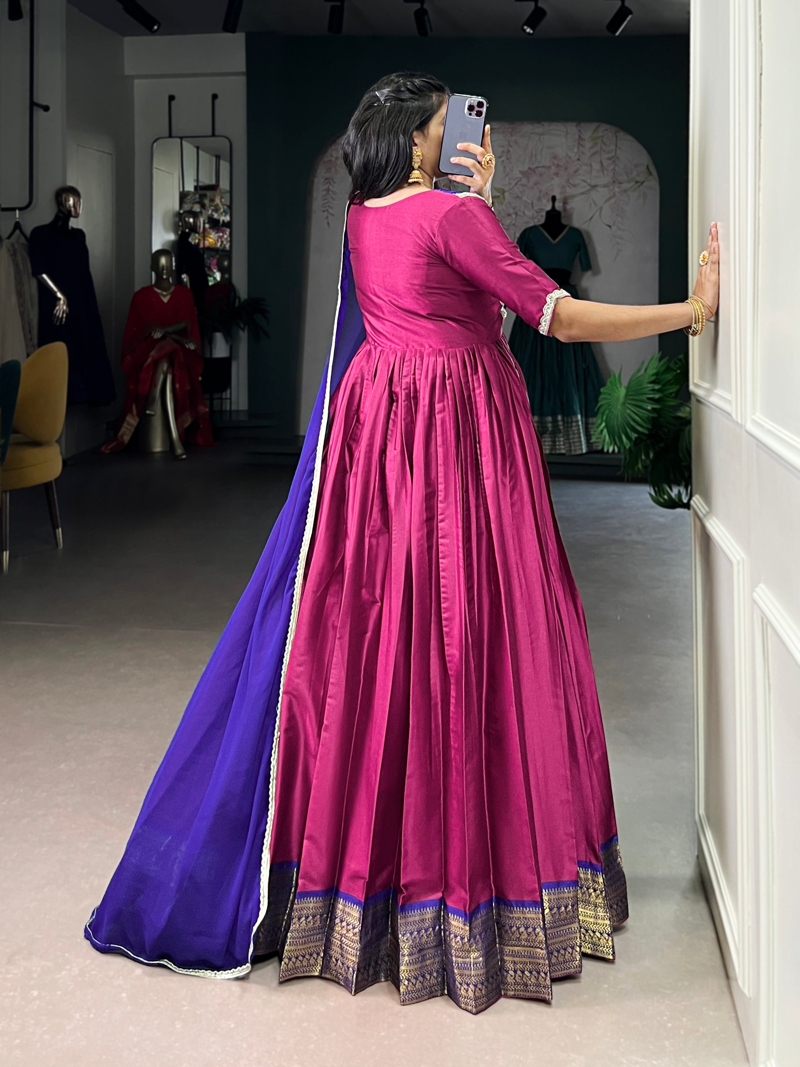 Pink Aura silk zari weaving gown with georgette lace dupatta
