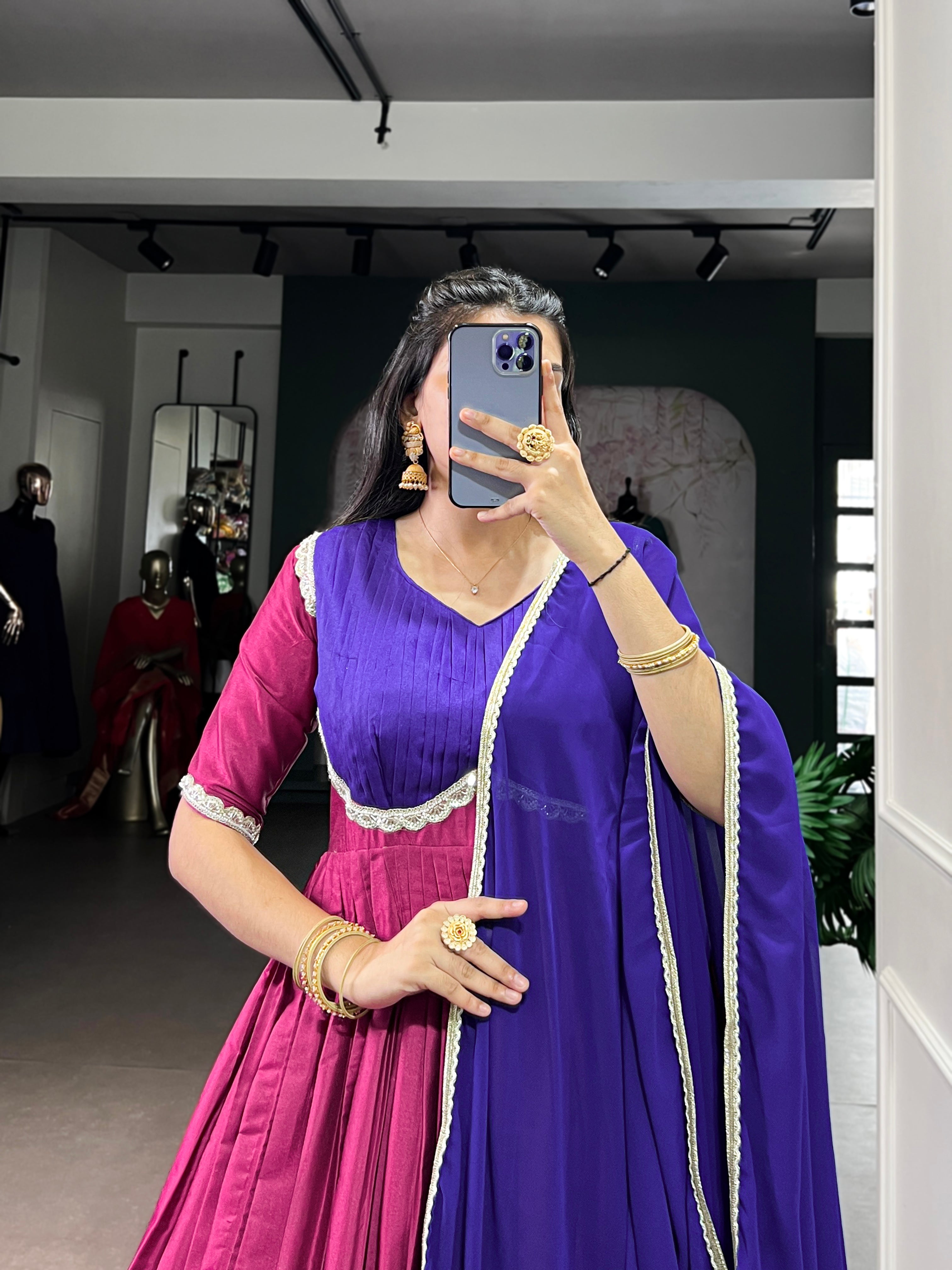 Pink Aura silk zari weaving gown with georgette lace dupatta
