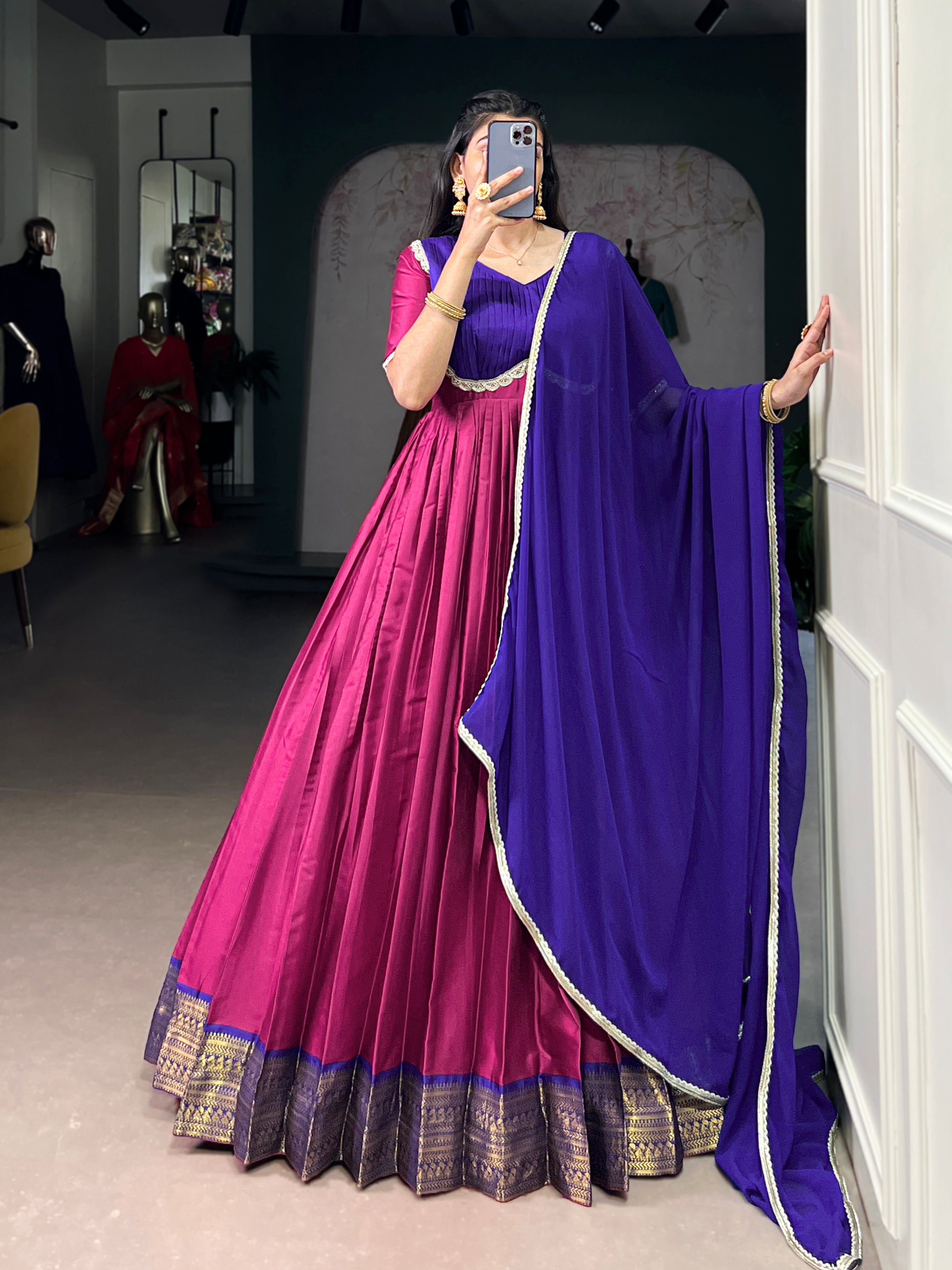 Pink Aura silk zari weaving gown with georgette lace dupatta