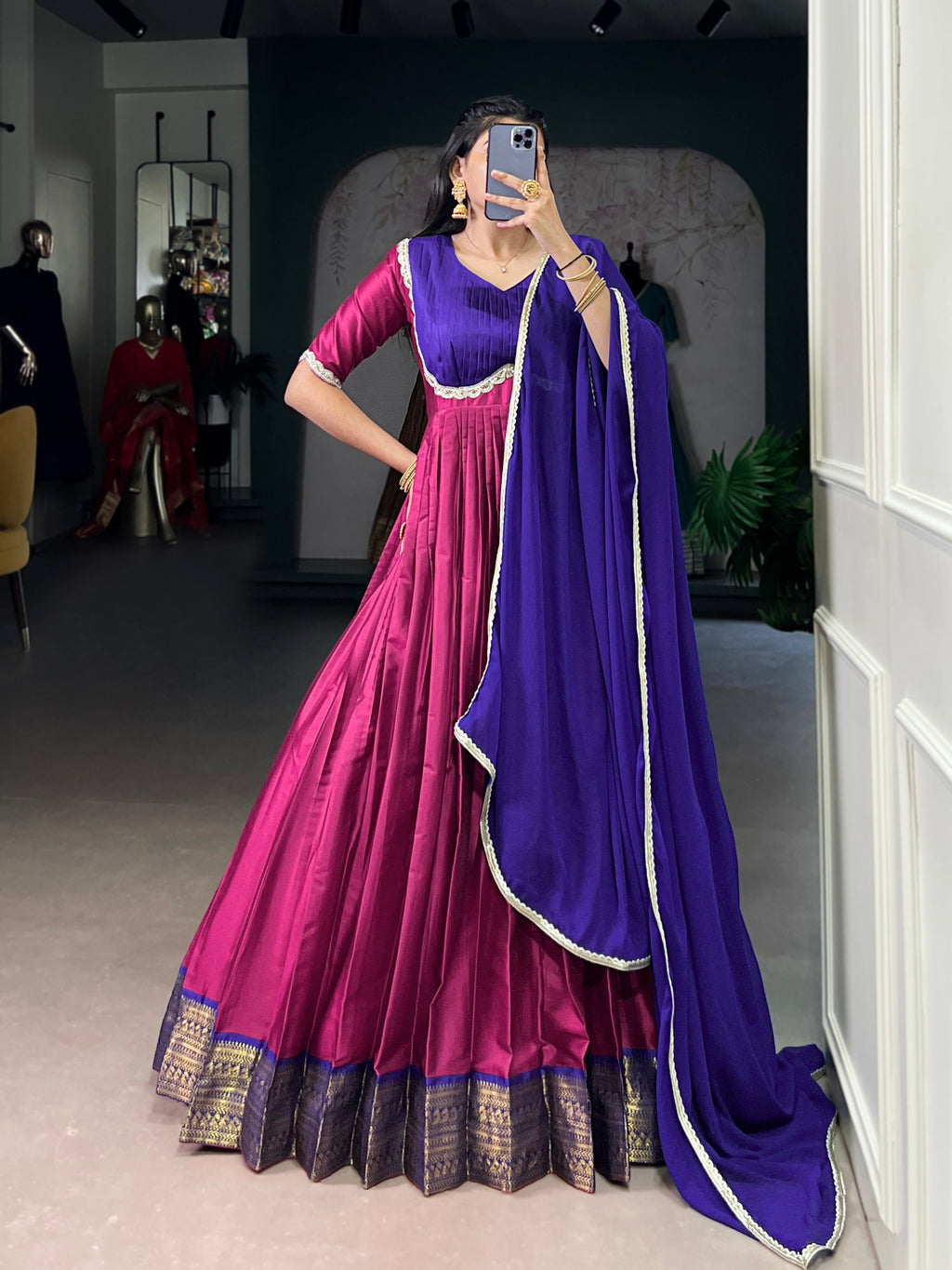 Pink Aura silk zari weaving gown with georgette lace dupatta