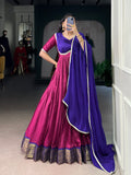 Pink Aura silk zari weaving gown with georgette lace dupatta