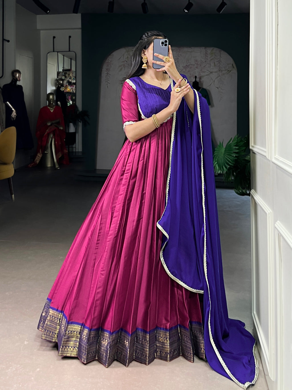 Pink Aura silk zari weaving gown with georgette lace dupatta