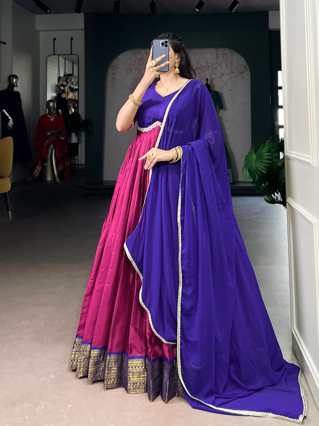 Pink Aura silk zari weaving gown with georgette lace dupatta