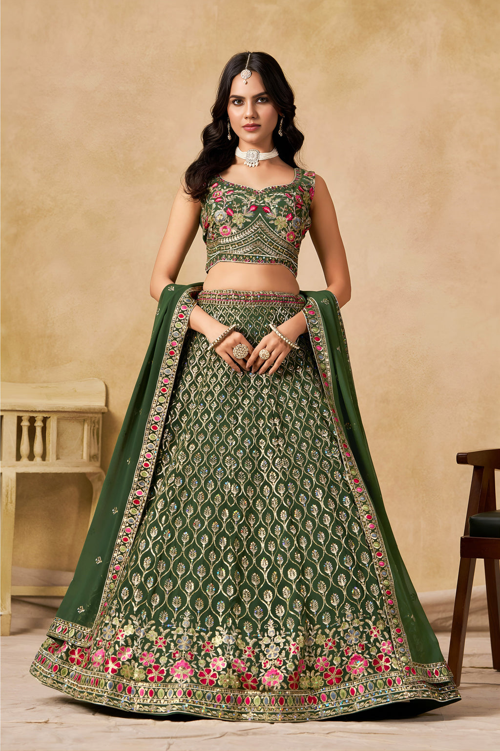 Sakhi green soft georgette lehenga choli with sequins zari resham and badla embroidery work