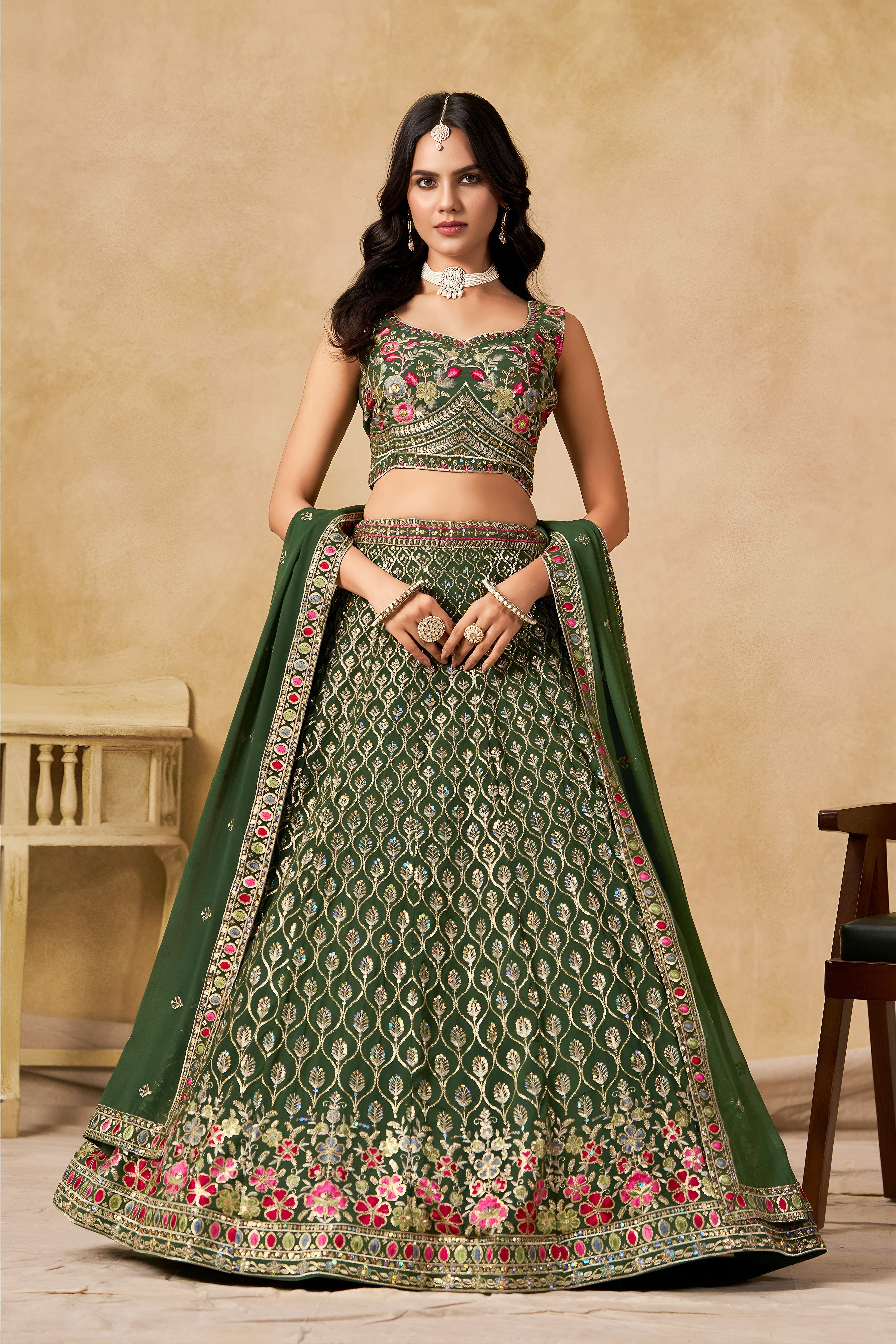 Sakhi green soft georgette lehenga choli with sequins zari resham and badla embroidery work