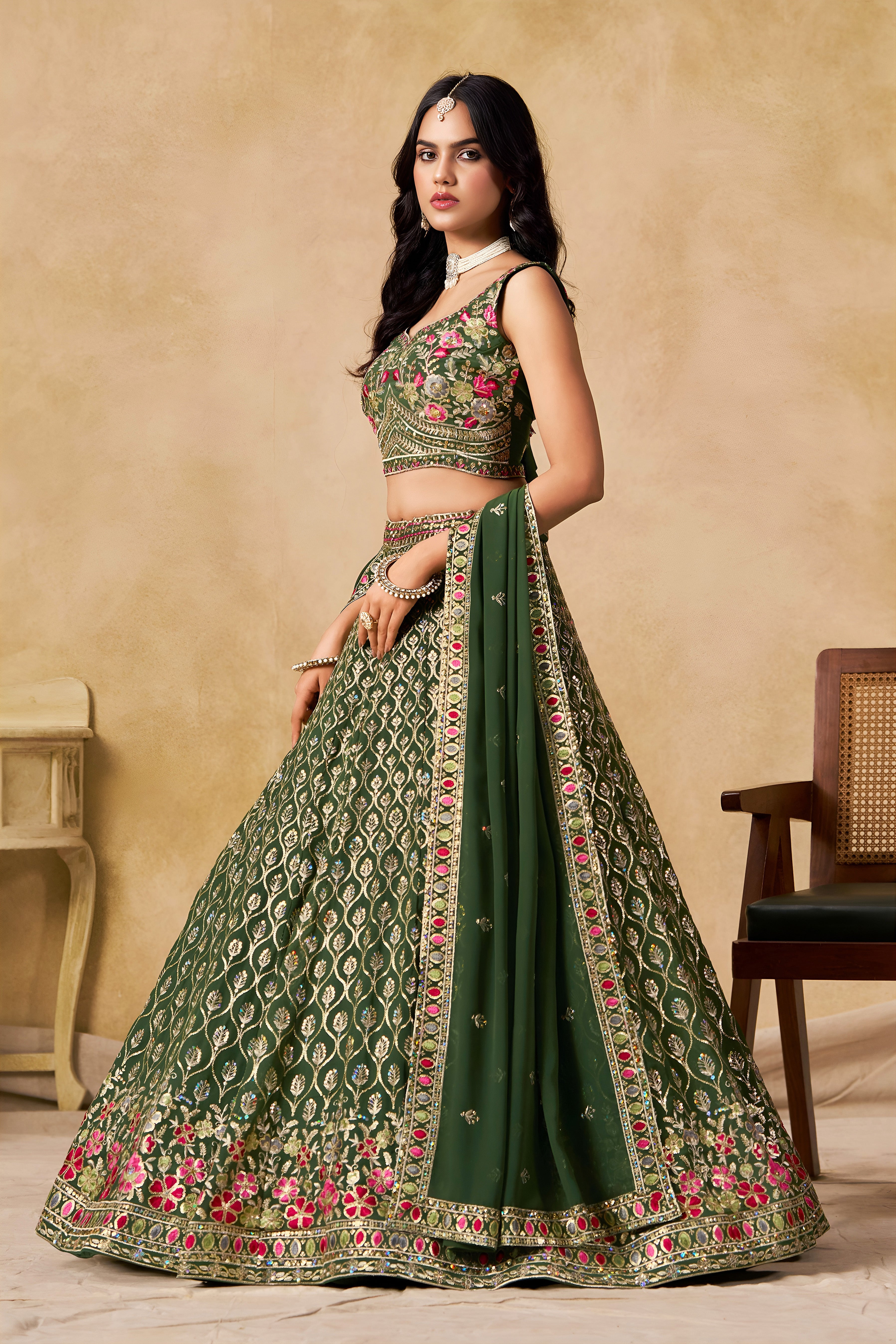 Sakhi green soft georgette lehenga choli with sequins zari resham and badla embroidery work