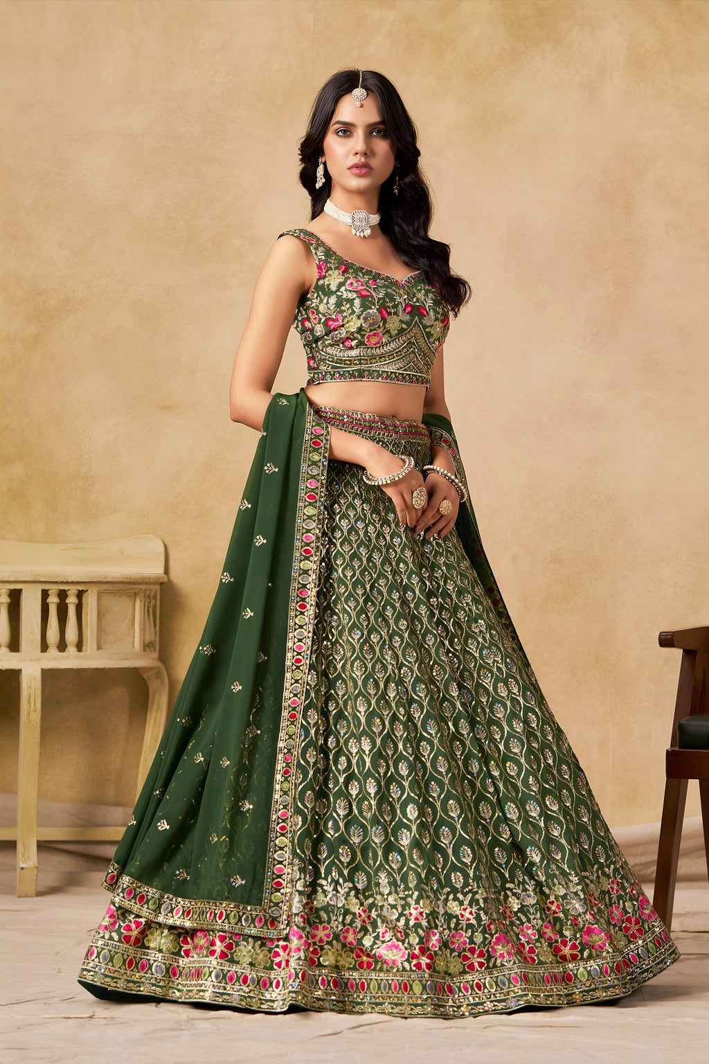 Sakhi green soft georgette lehenga choli with sequins zari resham and badla embroidery work
