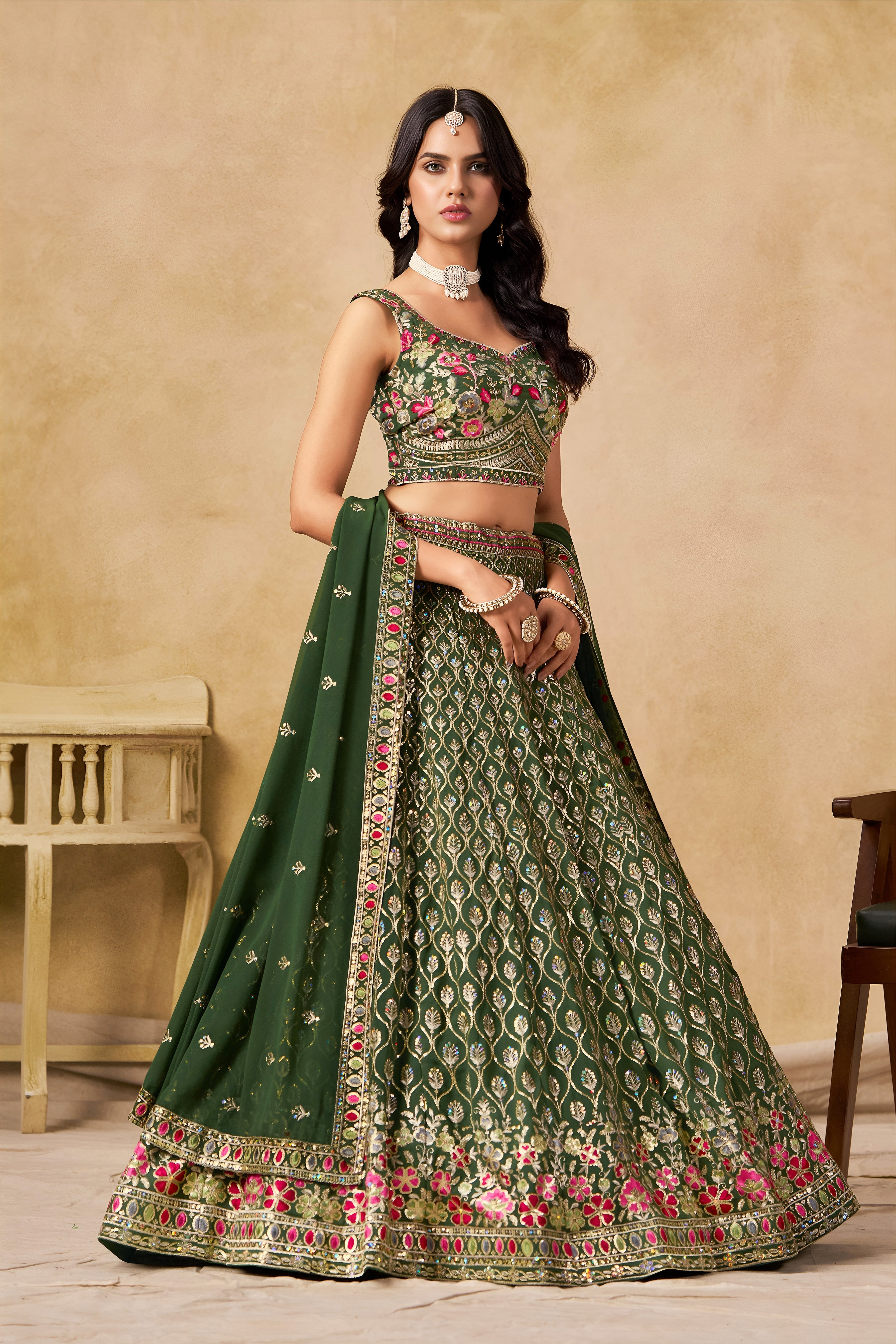 Sakhi green soft georgette lehenga choli with sequins zari resham and badla embroidery work