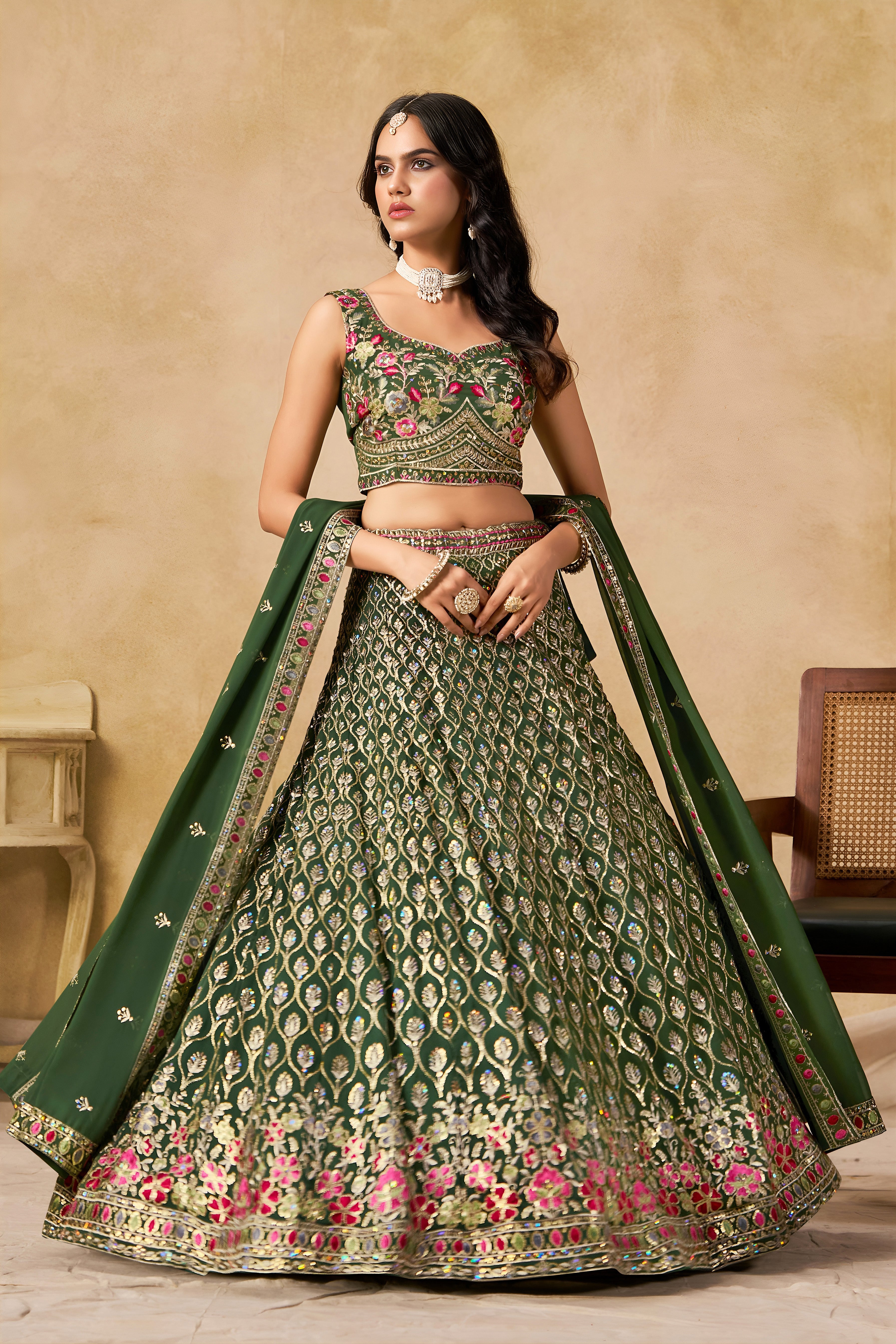 Sakhi green soft georgette lehenga choli with sequins zari resham and badla embroidery work