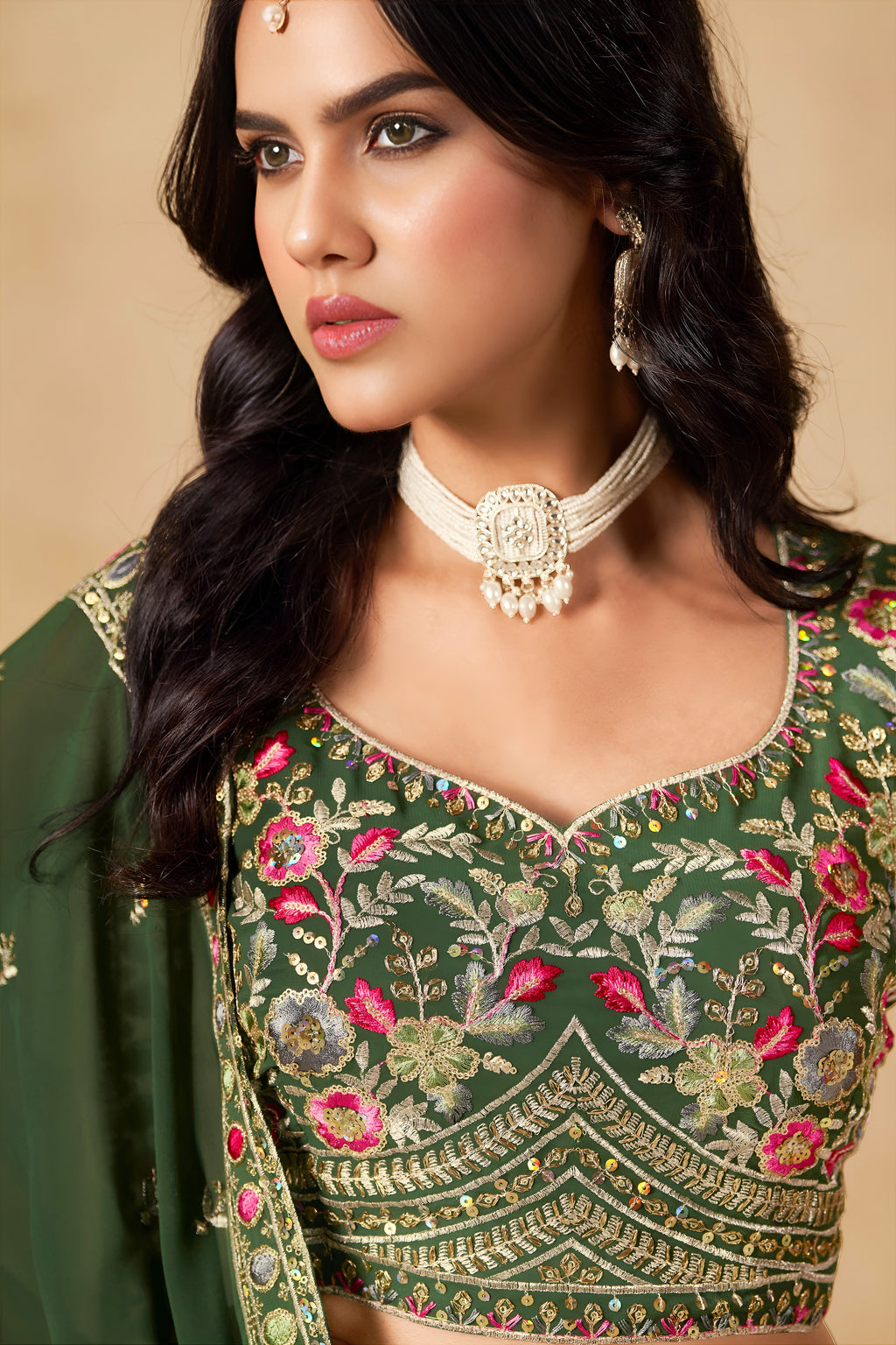 Sakhi green soft georgette lehenga choli with sequins zari resham and badla embroidery work