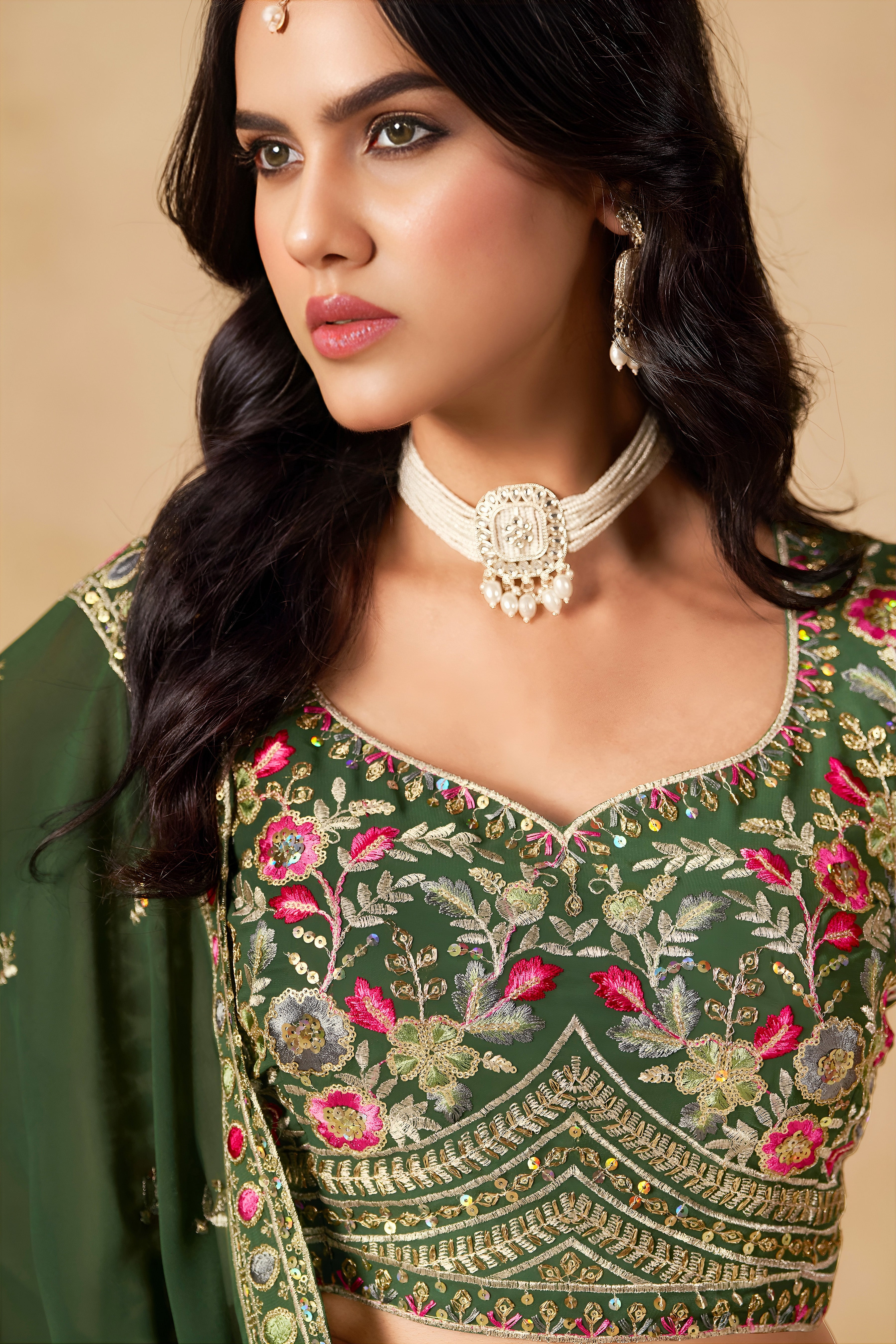 Sakhi green soft georgette lehenga choli with sequins zari resham and badla embroidery work