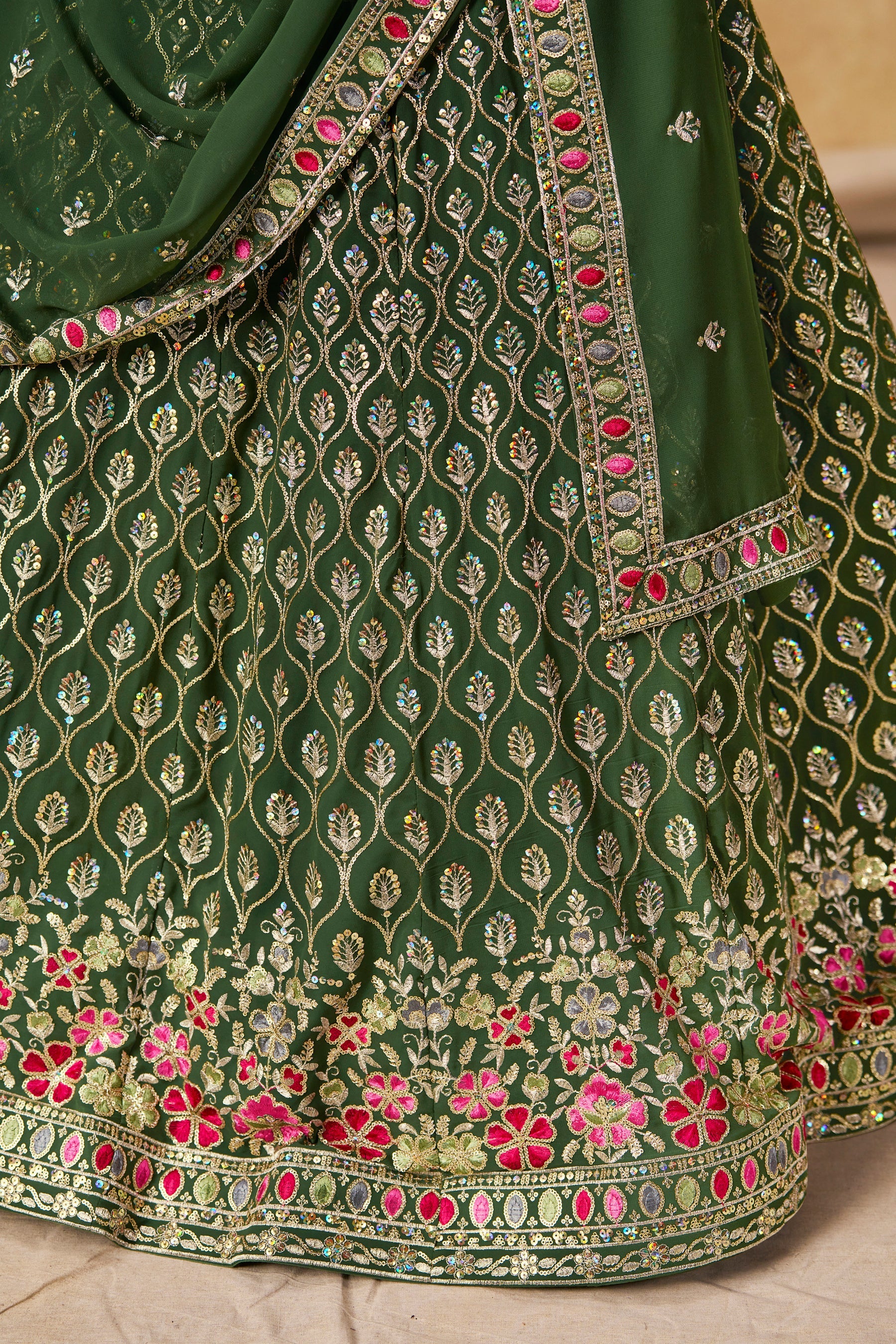 Sakhi green soft georgette lehenga choli with sequins zari resham and badla embroidery work