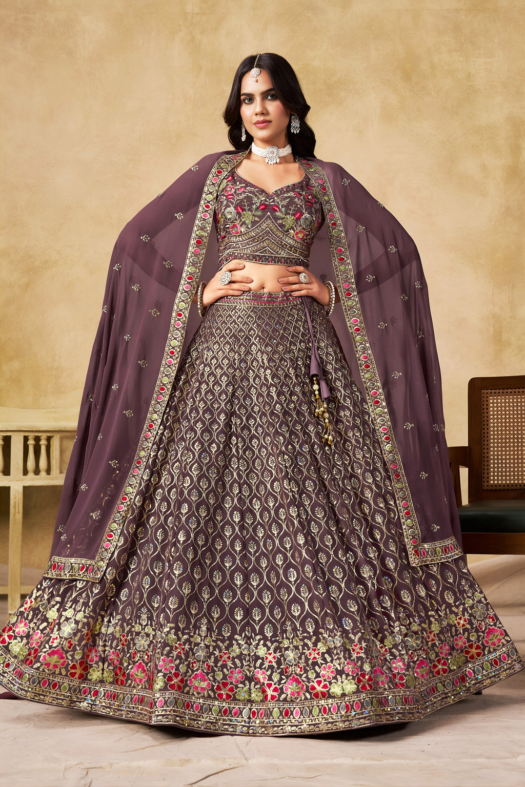 Sakhi light purple soft georgette lehenga choli with sequins zari resham and badla embroidery work