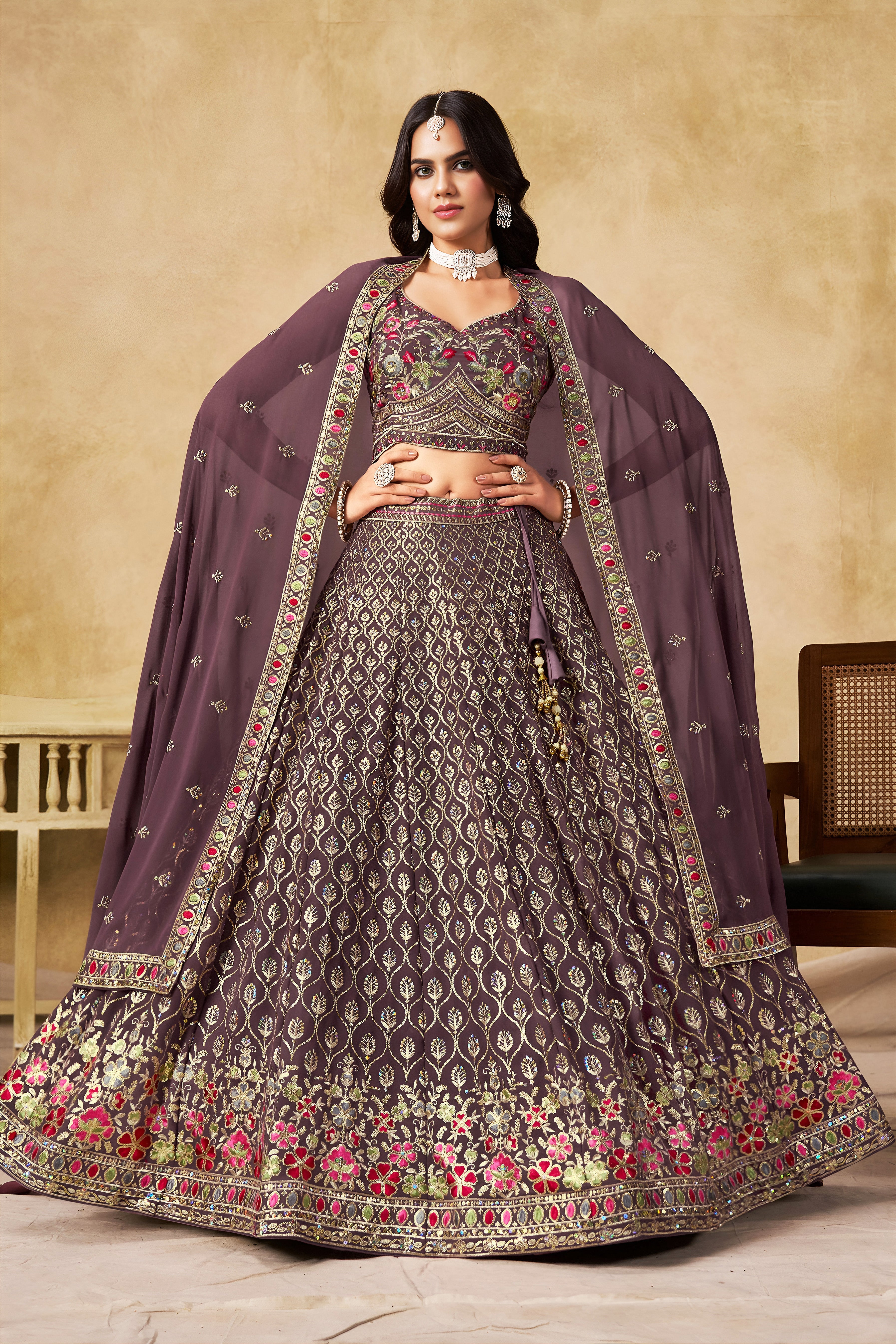 Sakhi light purple soft georgette lehenga choli with sequins zari resham and badla embroidery work