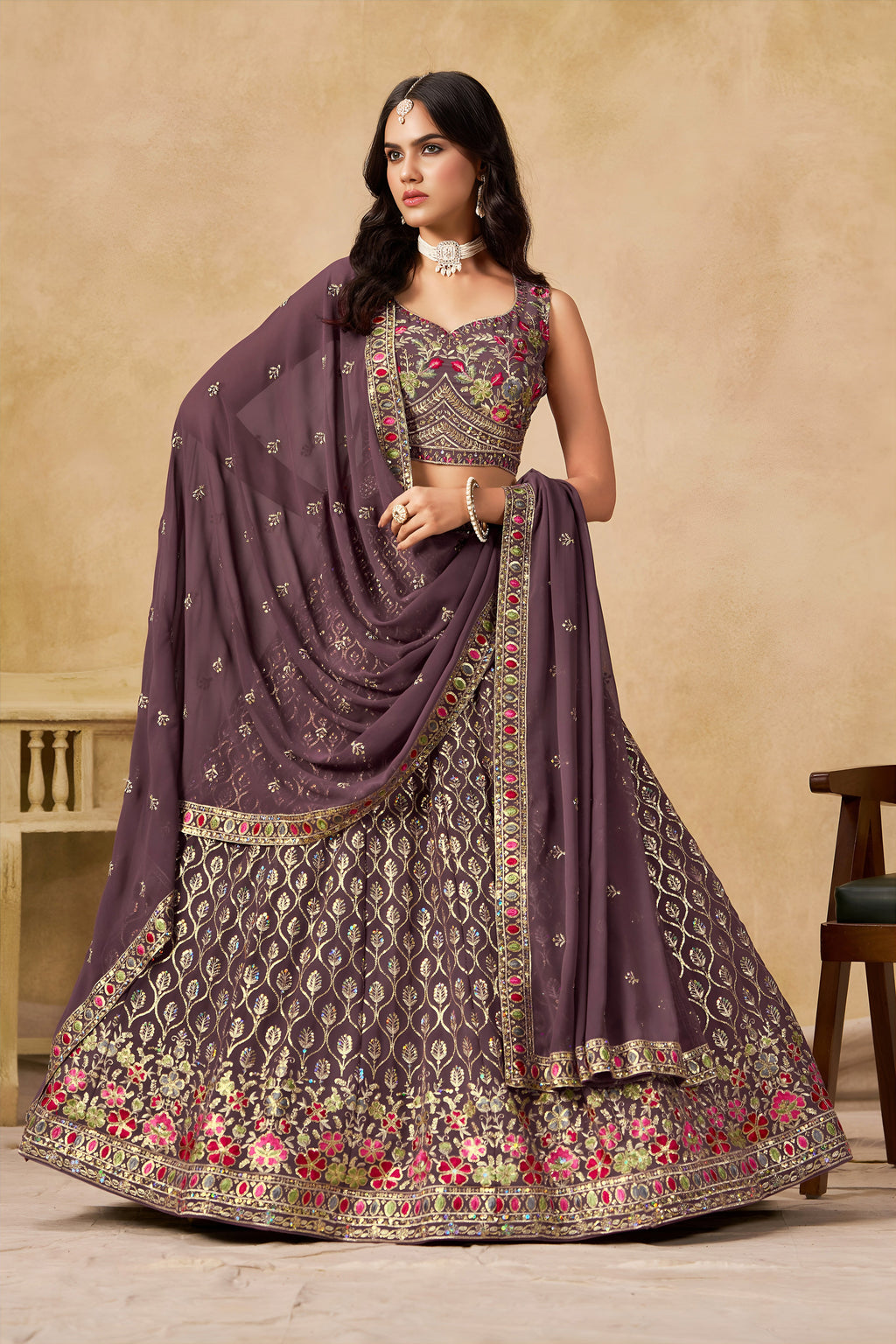 Sakhi light purple soft georgette lehenga choli with sequins zari resham and badla embroidery work