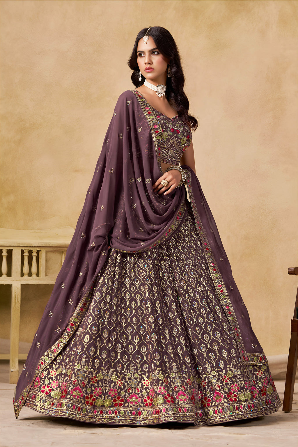Sakhi light purple soft georgette lehenga choli with sequins zari resham and badla embroidery work