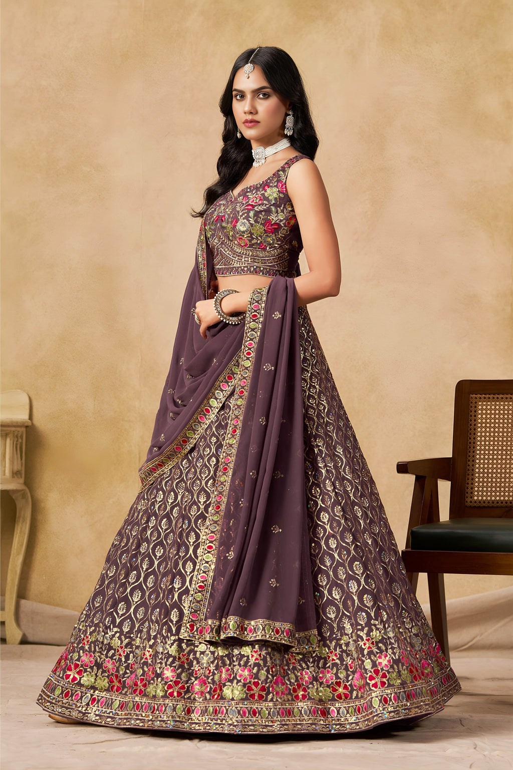 Sakhi light purple soft georgette lehenga choli with sequins zari resham and badla embroidery work