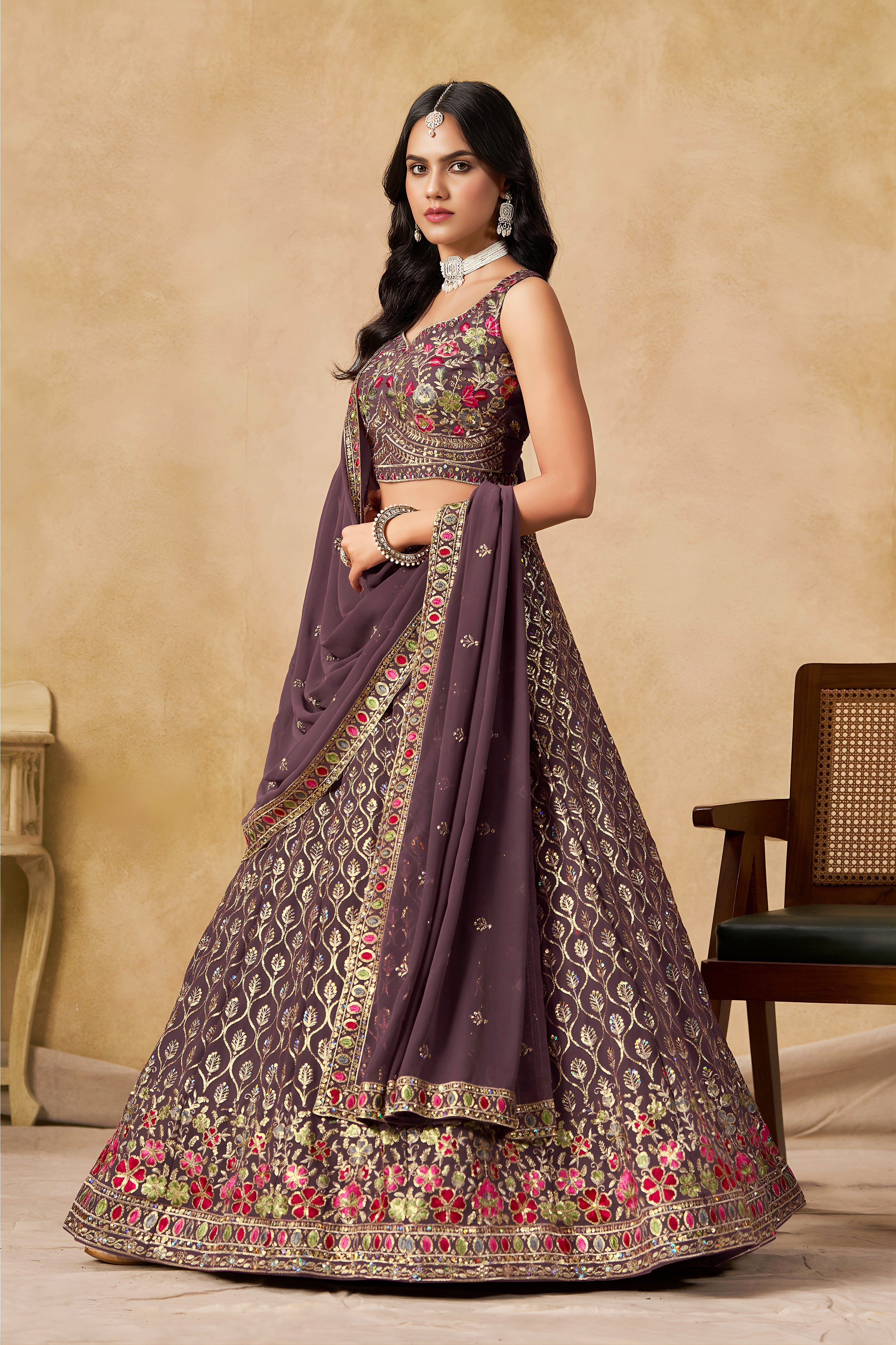 Sakhi light purple soft georgette lehenga choli with sequins zari resham and badla embroidery work