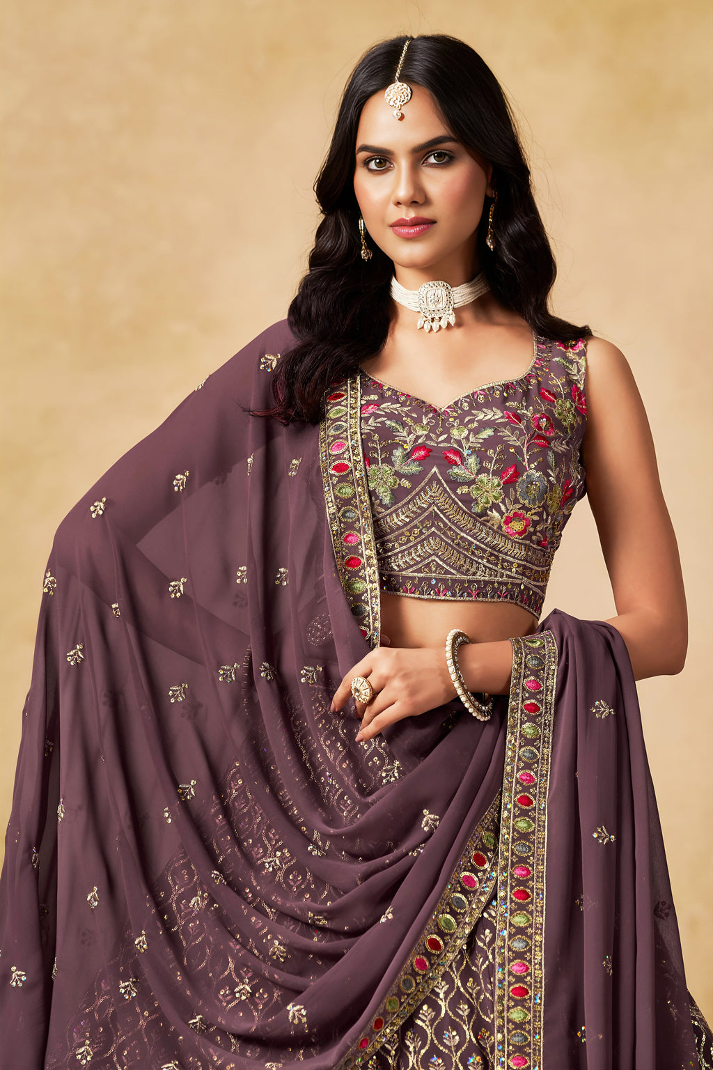 Sakhi light purple soft georgette lehenga choli with sequins zari resham and badla embroidery work”