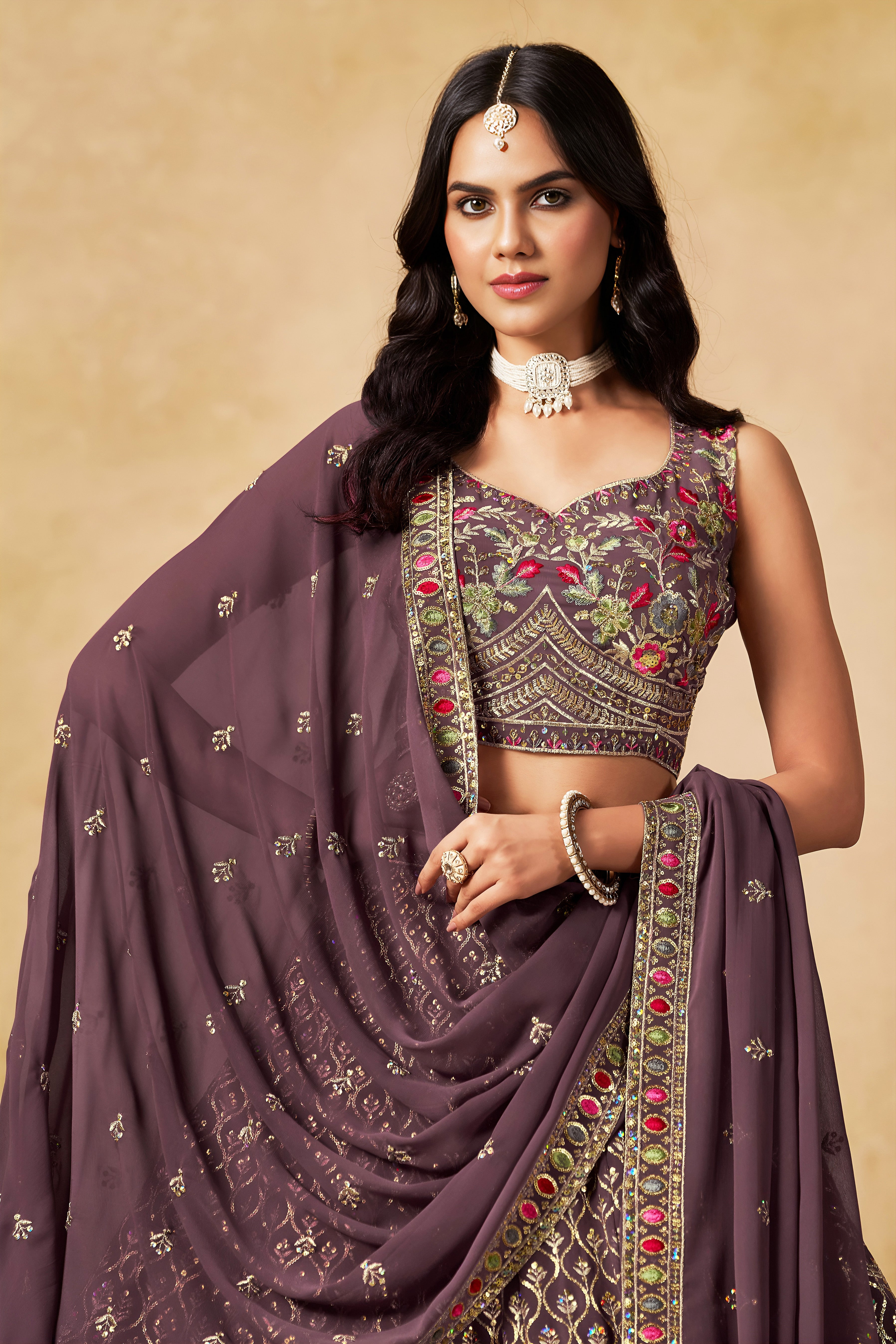 Sakhi light purple soft georgette lehenga choli with sequins zari resham and badla embroidery work”
