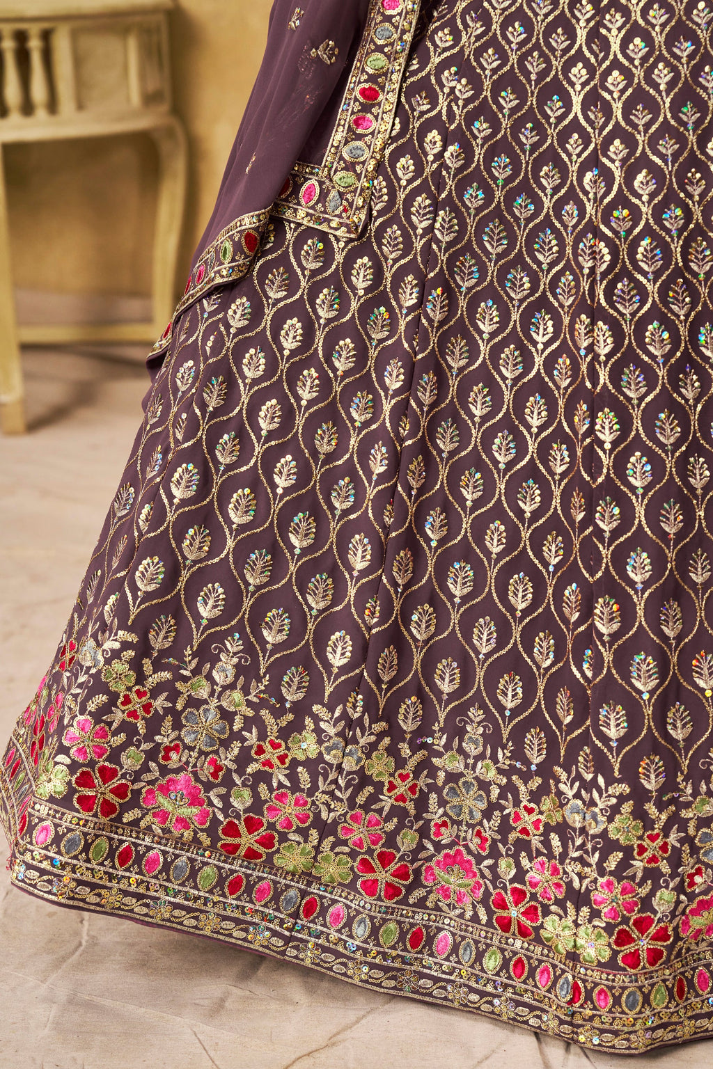 Sakhi light purple soft georgette lehenga choli with sequins zari resham and badla embroidery work”