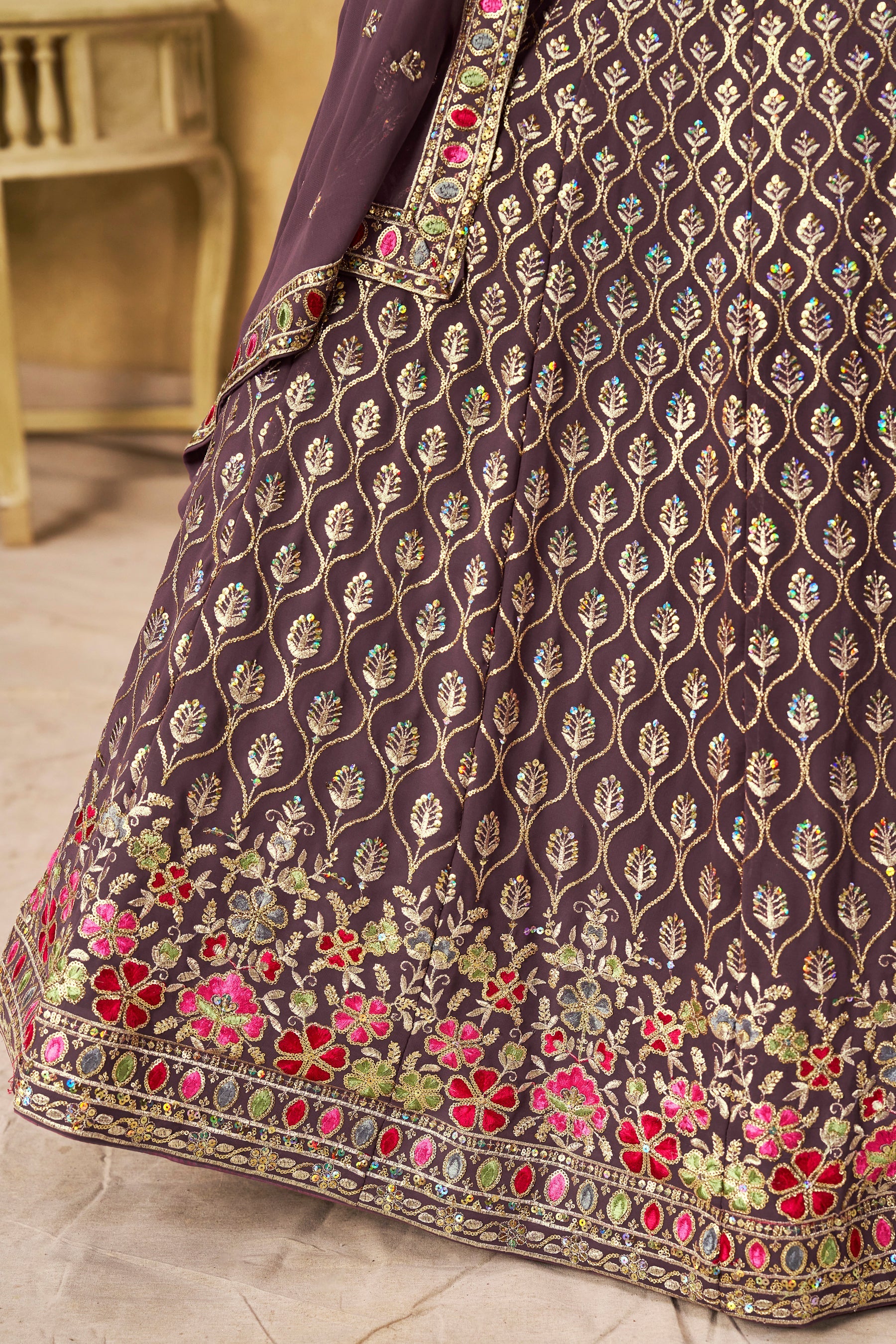 Sakhi light purple soft georgette lehenga choli with sequins zari resham and badla embroidery work”