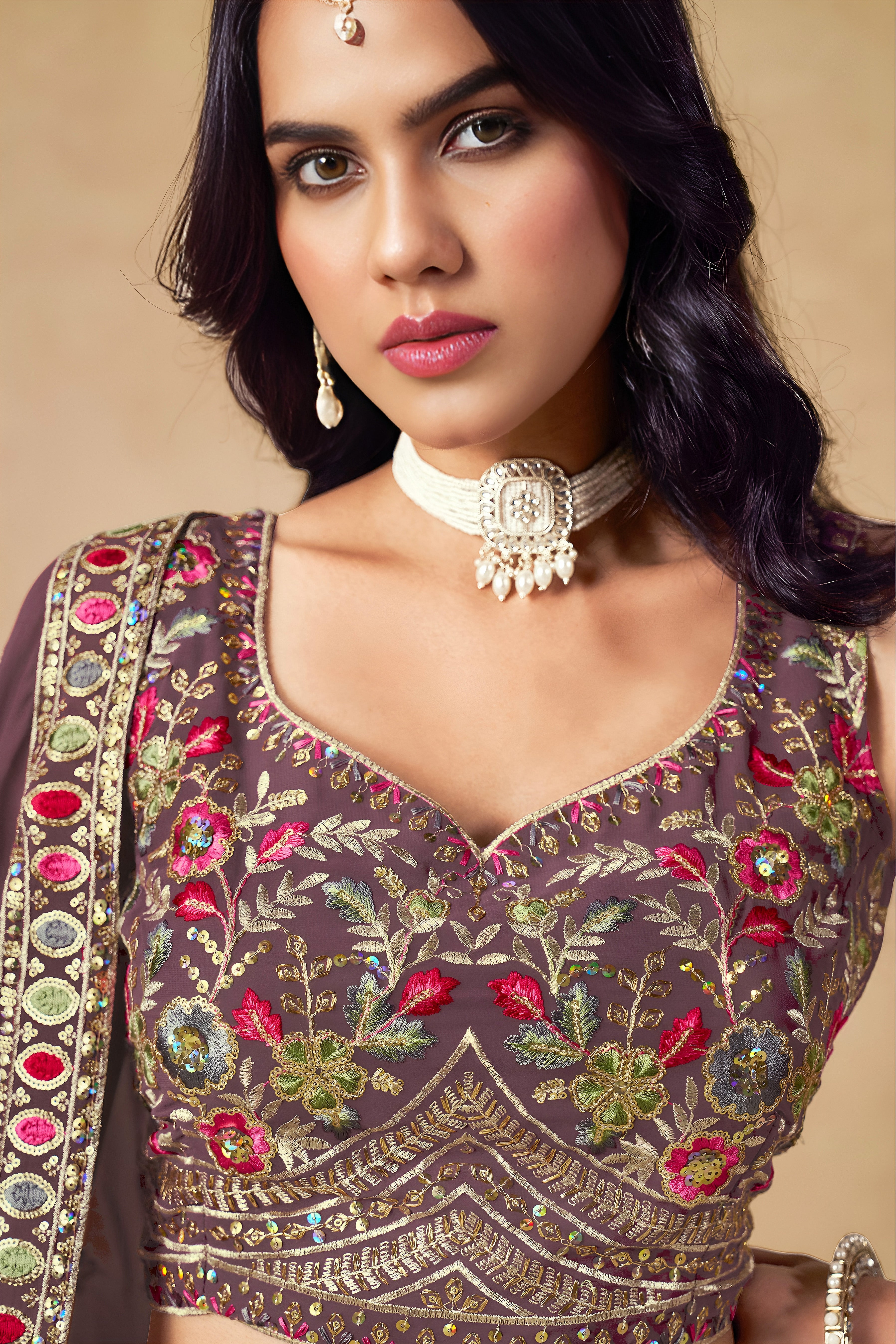 Sakhi light purple soft georgette lehenga choli with sequins zari resham and badla embroidery work
