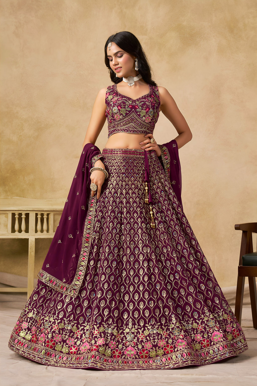 Sakhi maroon soft georgette lehenga choli with sequins zari resham and badla embroidery work