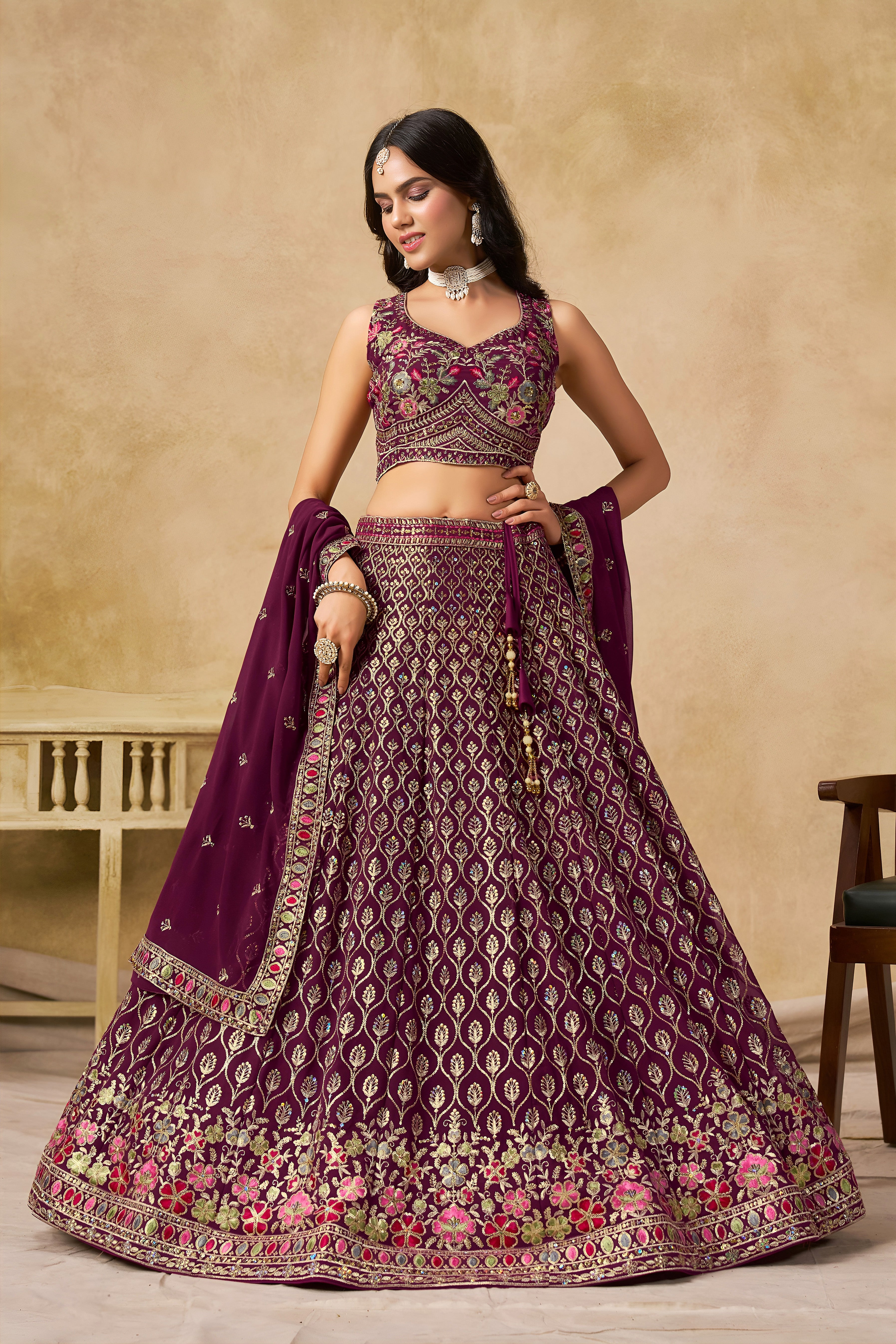 Sakhi maroon soft georgette lehenga choli with sequins zari resham and badla embroidery work