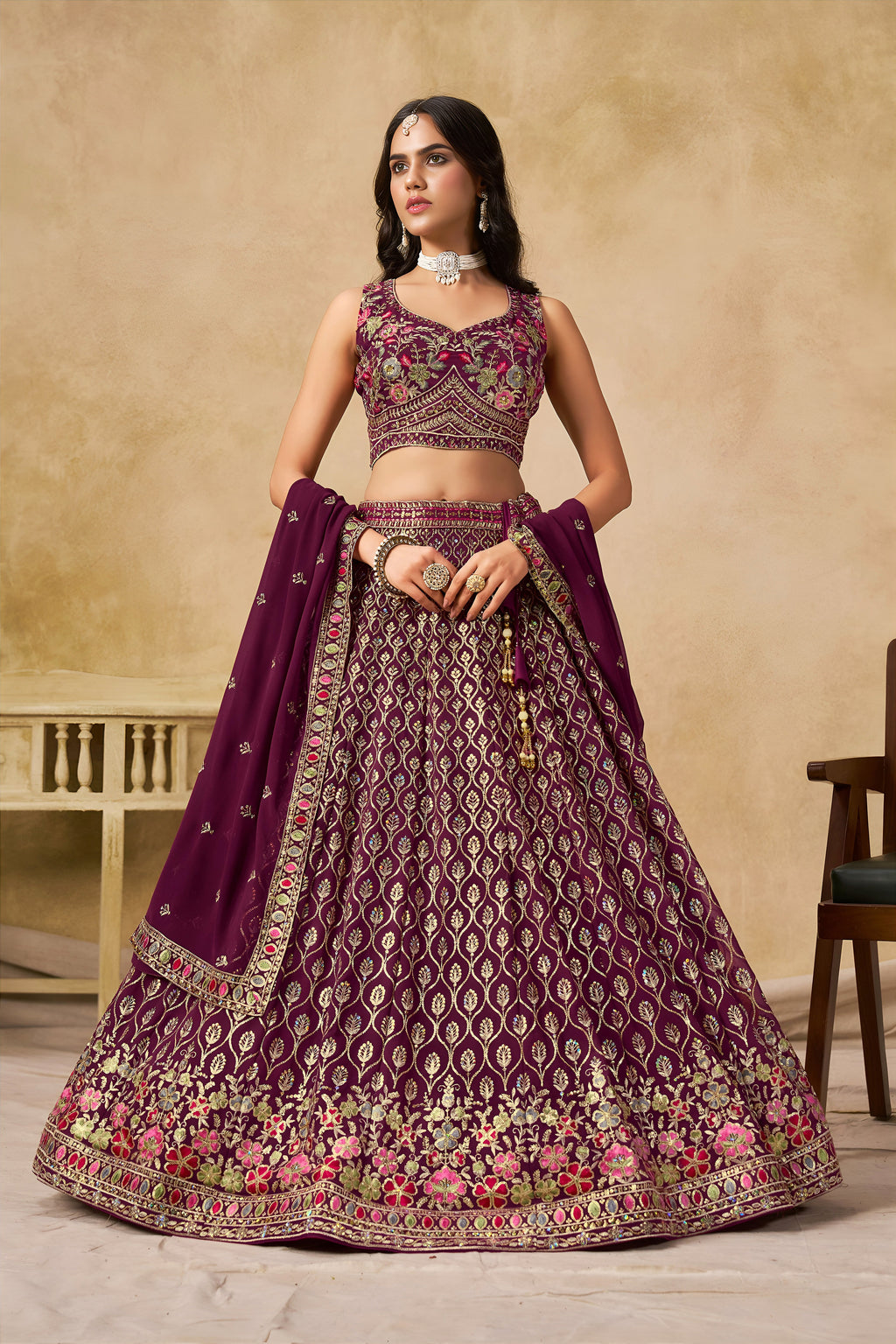 Sakhi maroon soft georgette lehenga choli with sequins zari resham and badla embroidery work