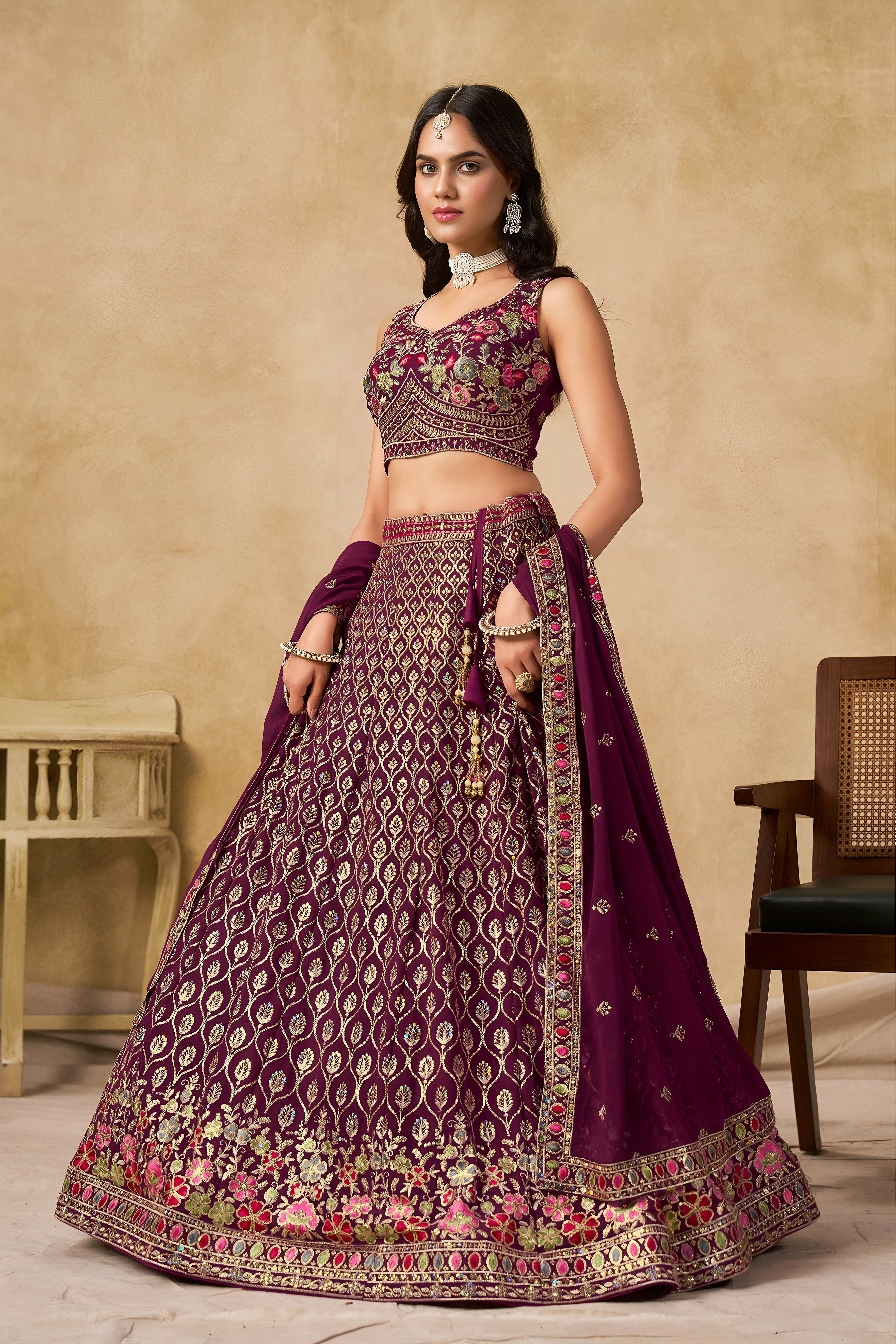 Sakhi maroon soft georgette lehenga choli with sequins zari resham and badla embroidery work