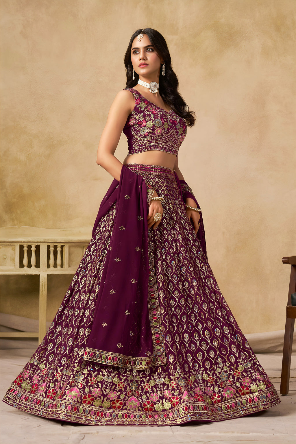 Sakhi maroon soft georgette lehenga choli with sequins zari resham and badla embroidery work
