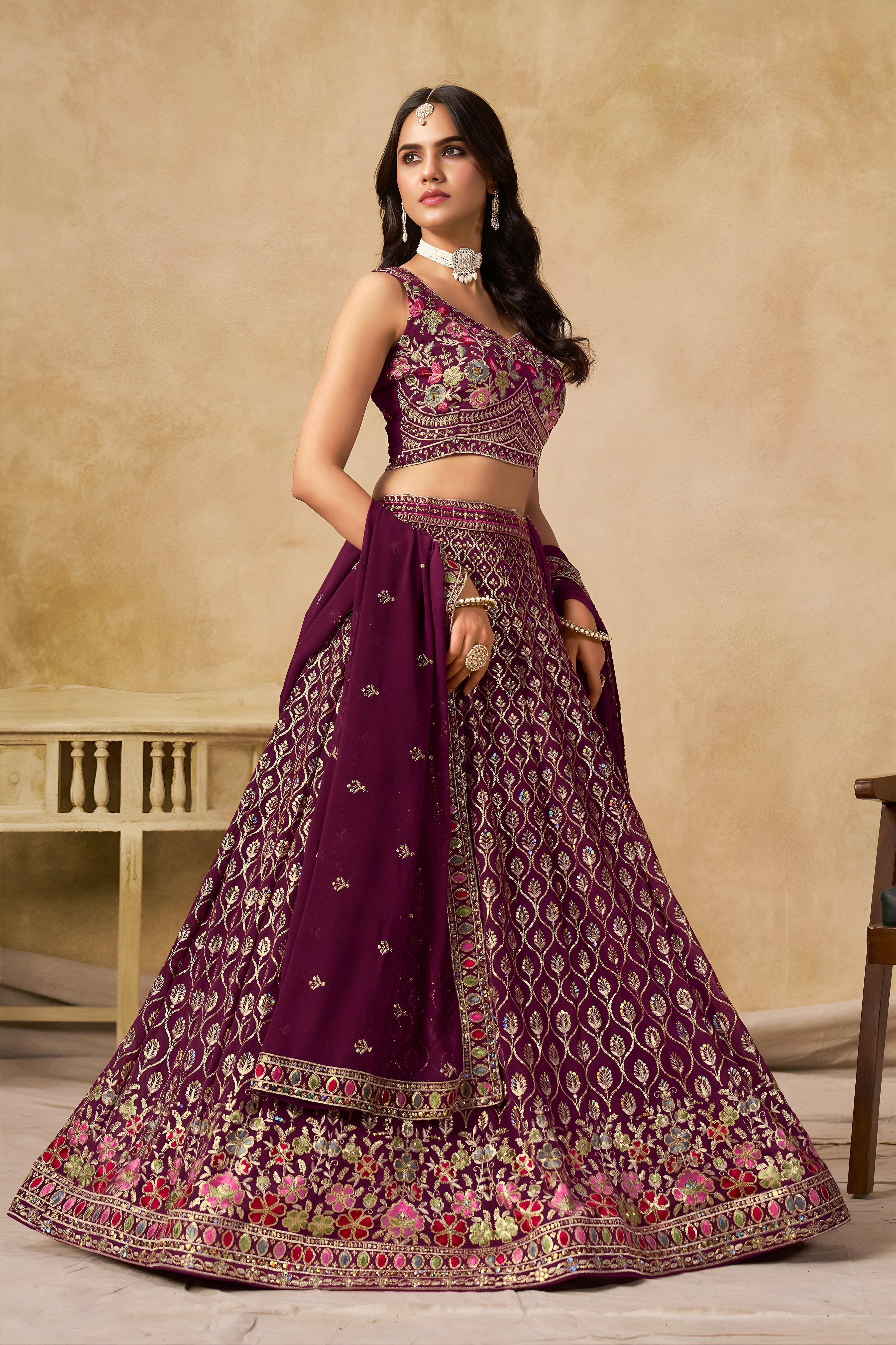 Sakhi maroon soft georgette lehenga choli with sequins zari resham and badla embroidery work