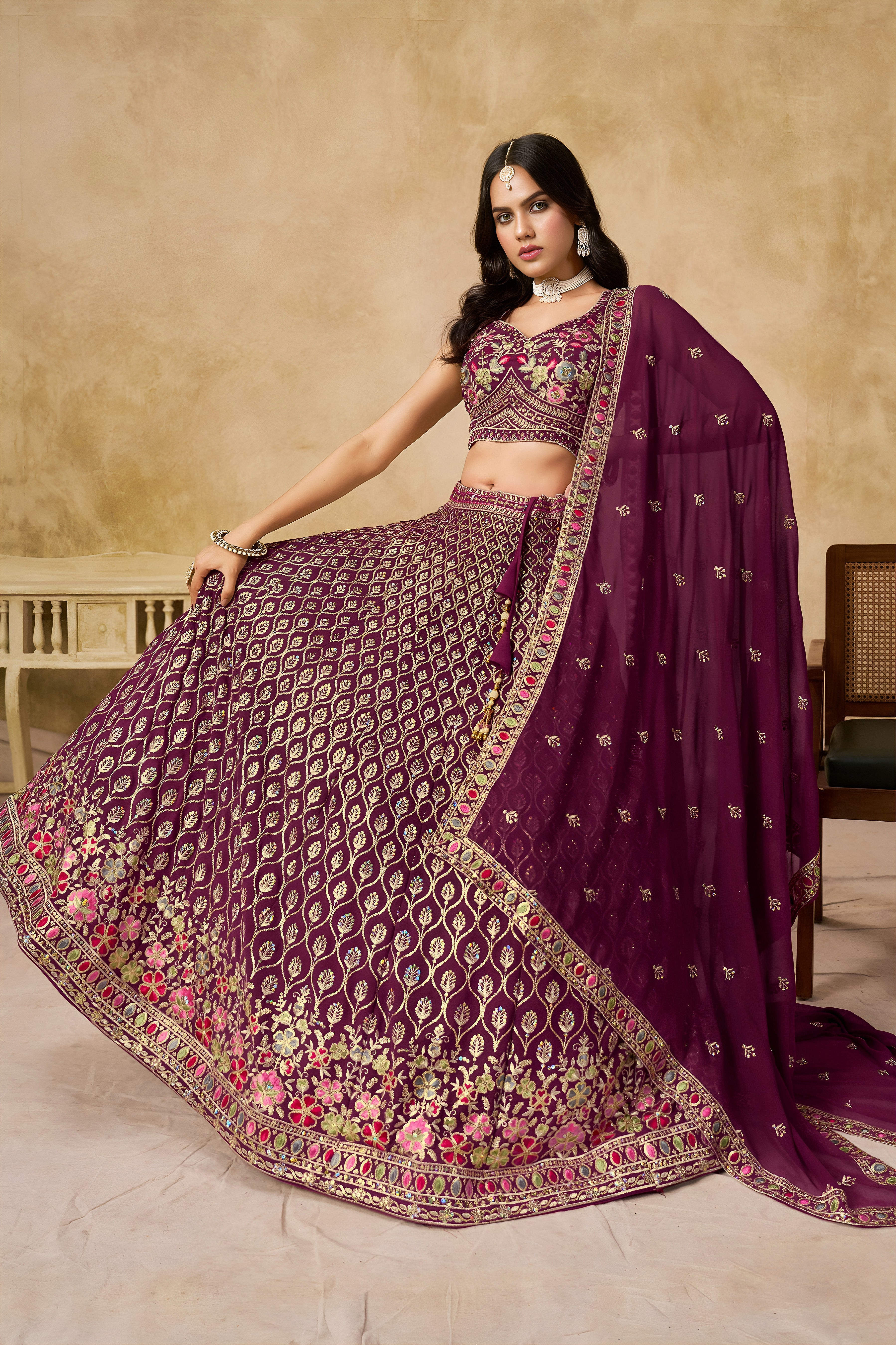 Sakhi maroon soft georgette lehenga choli with sequins zari resham and badla embroidery work