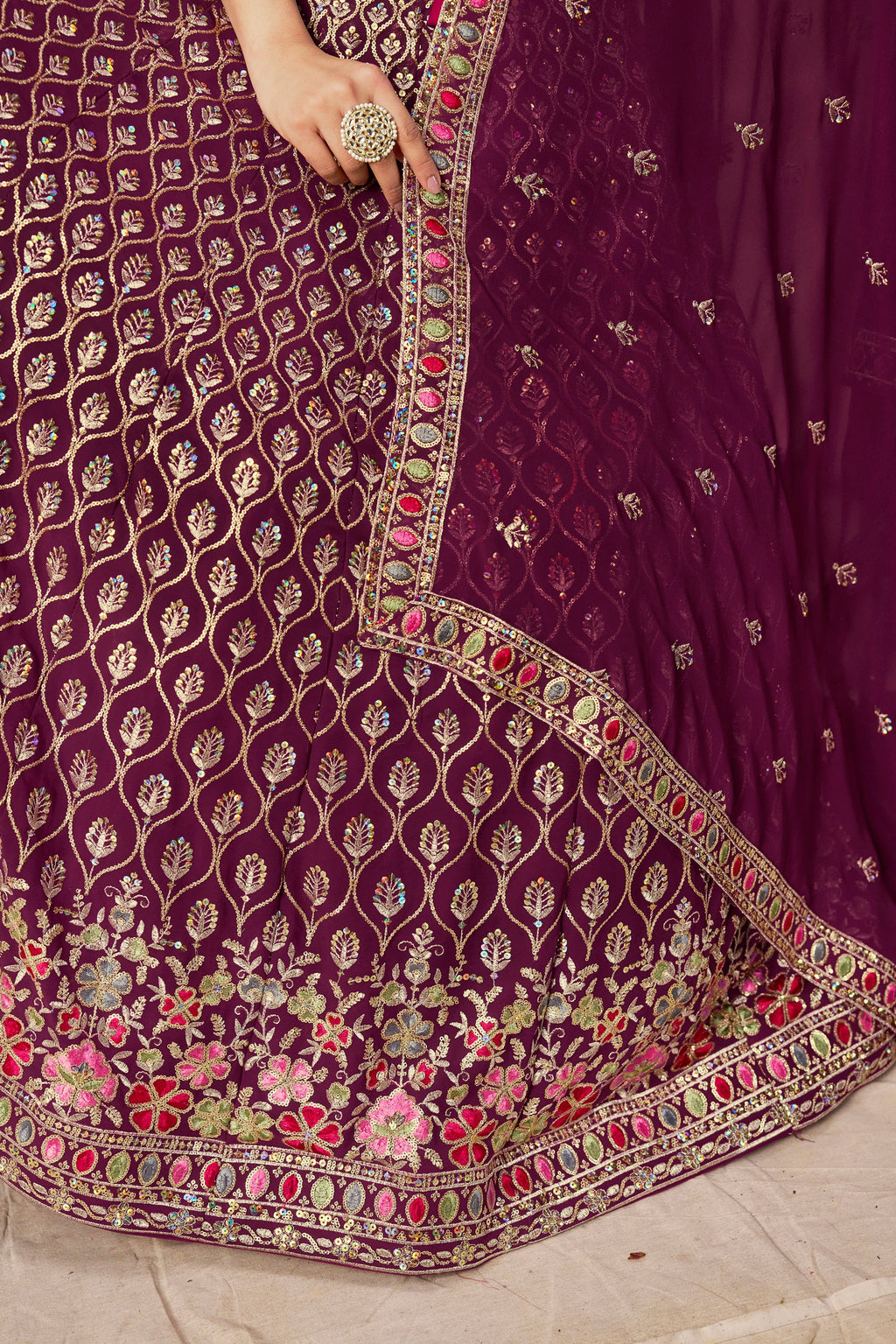 Sakhi maroon soft georgette lehenga choli with sequins zari resham and badla embroidery work