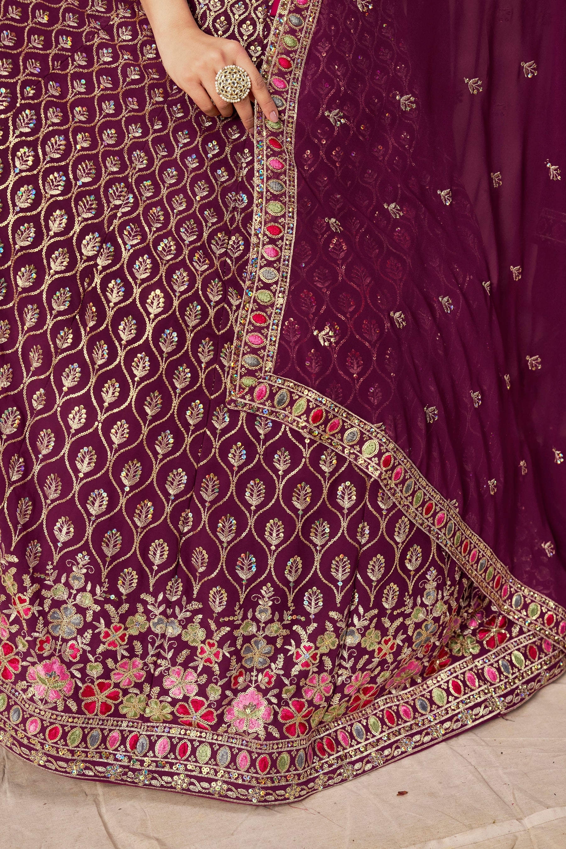 Sakhi maroon soft georgette lehenga choli with sequins zari resham and badla embroidery work