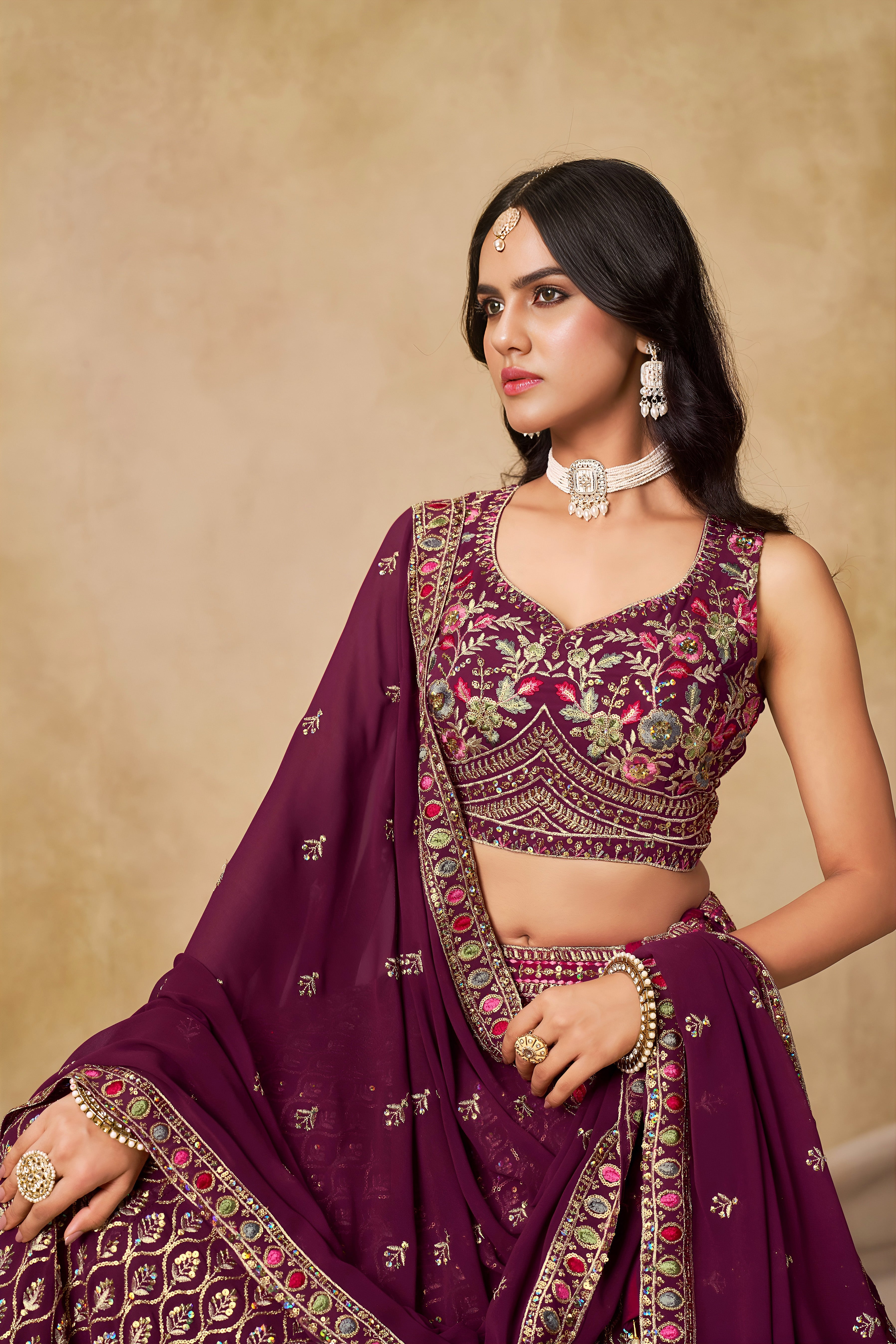 Sakhi maroon soft georgette lehenga choli with sequins zari resham and badla embroidery work