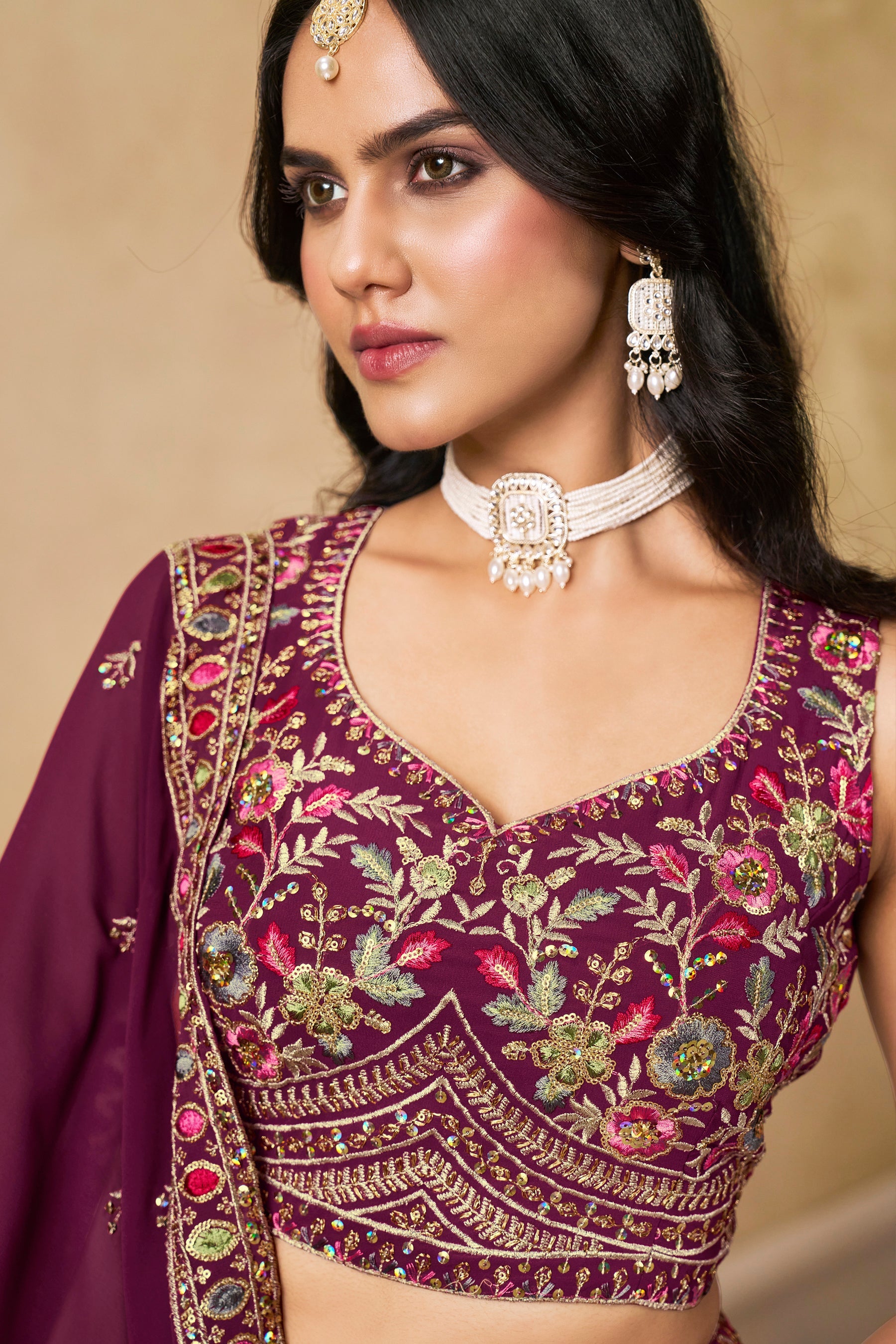 Sakhi maroon soft georgette lehenga choli with sequins zari resham and badla embroidery work