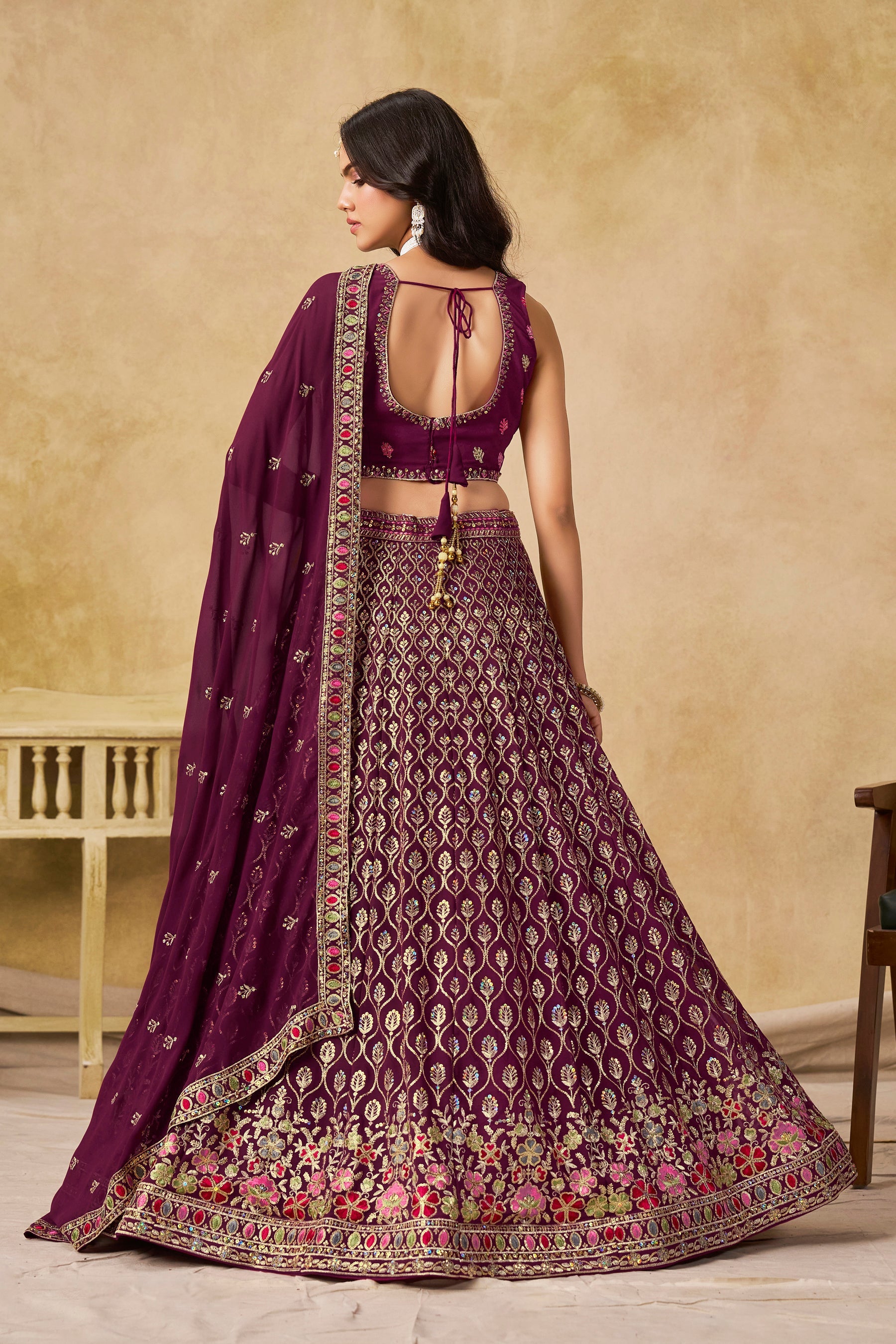 Sakhi maroon soft georgette lehenga choli with sequins zari resham and badla embroidery work