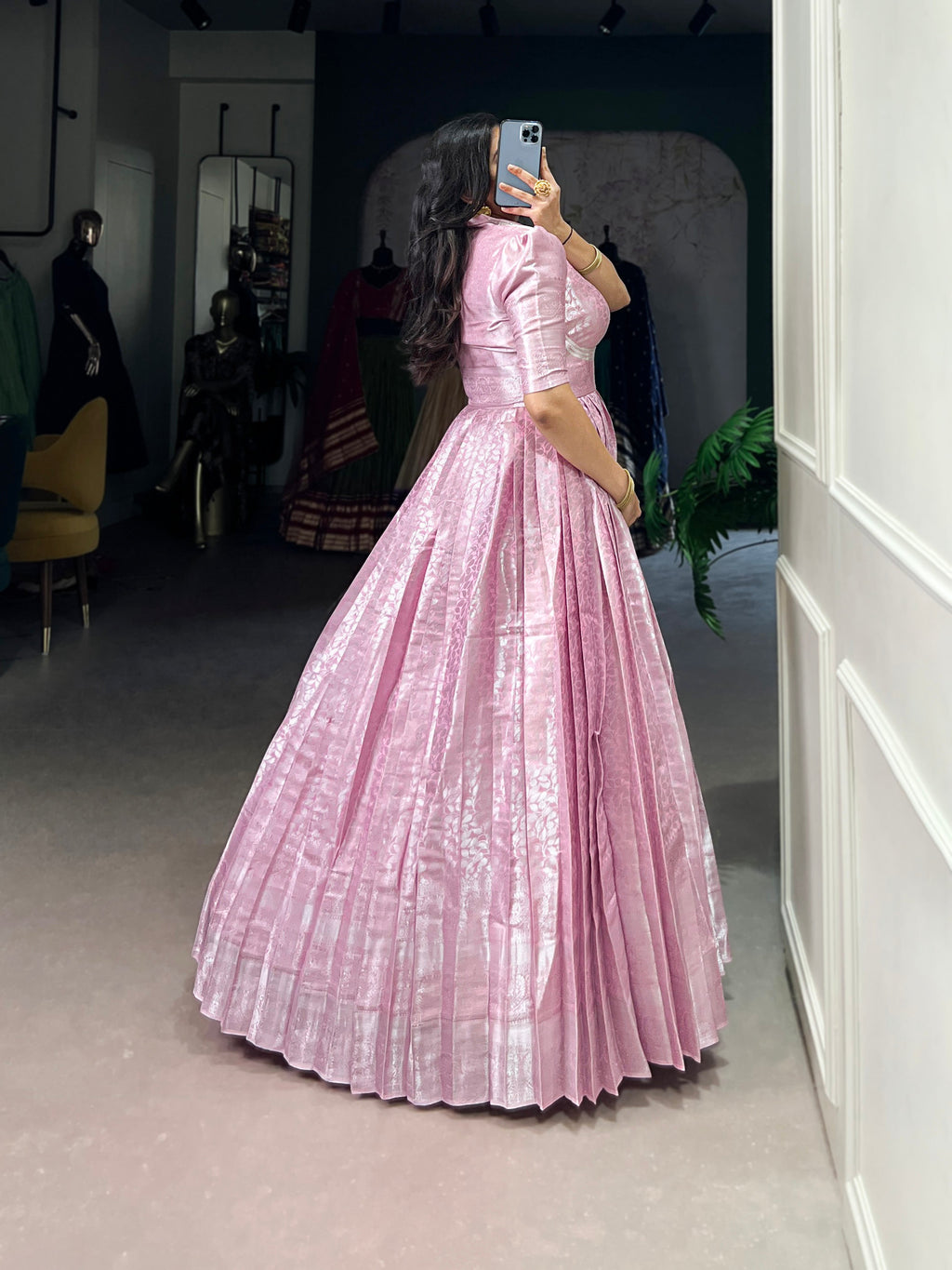 Pink Kanjivaram zari weaving work gown with lace touch-up koti