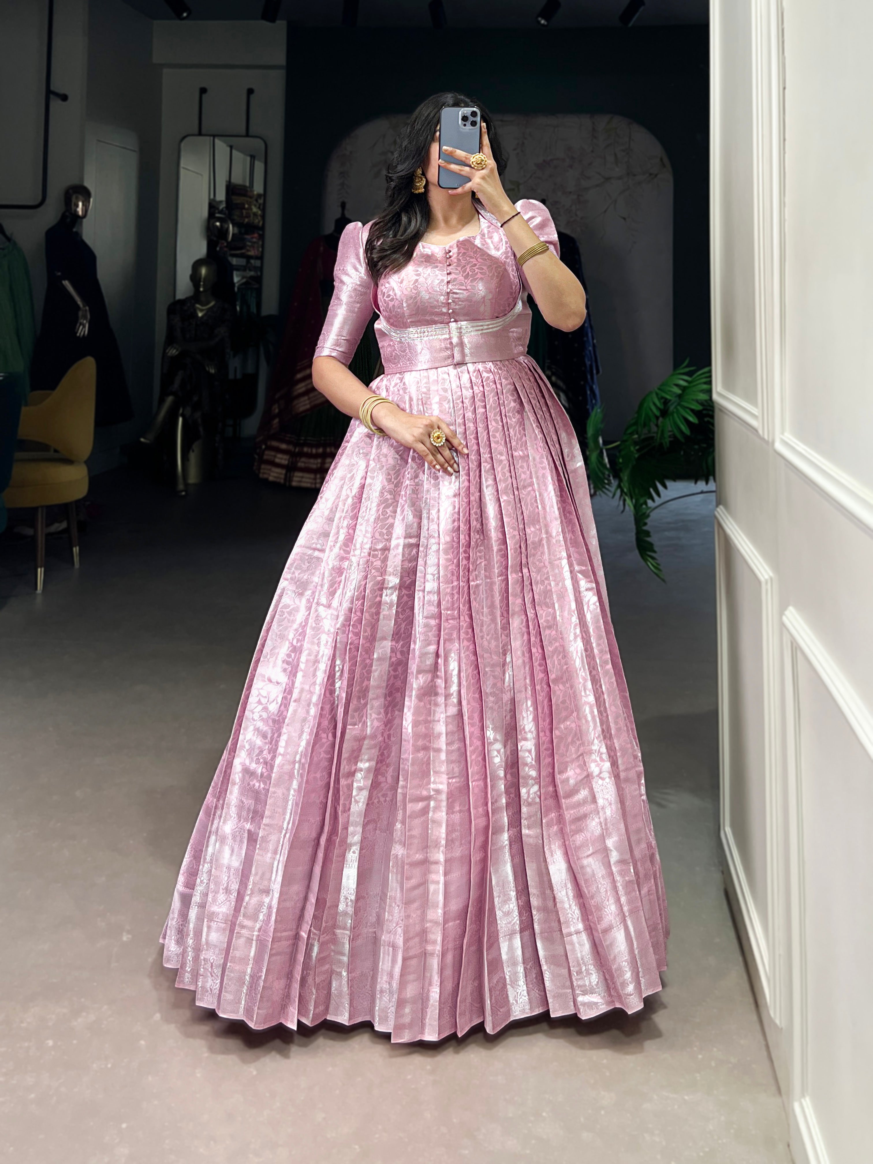 Pink Kanjivaram zari weaving work gown with lace touch-up koti