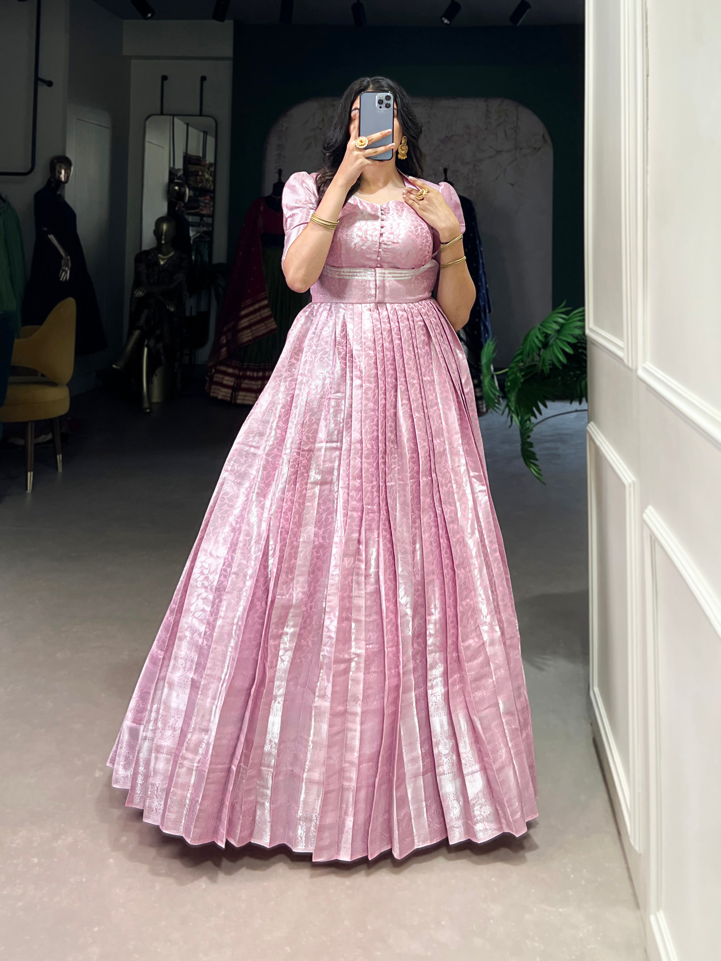 Pink Kanjivaram zari weaving work gown with lace touch-up koti