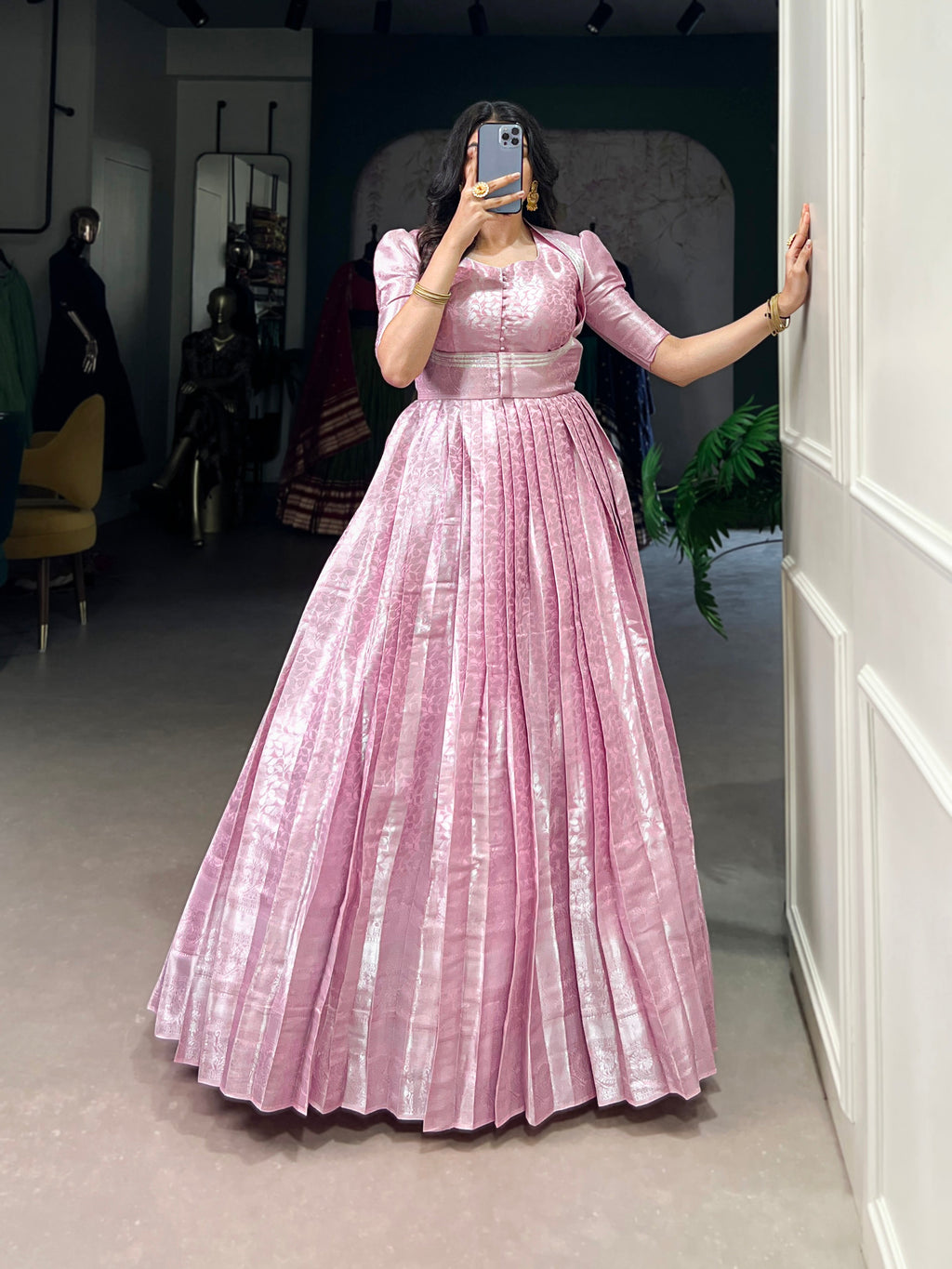 Pink Kanjivaram zari weaving work gown with lace touch-up koti