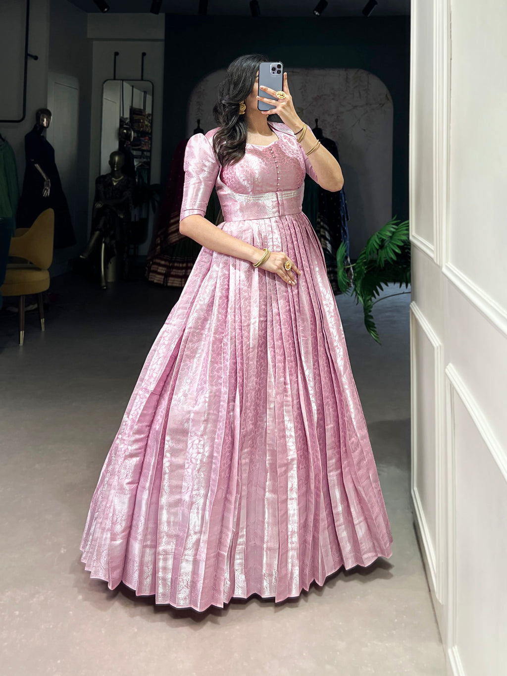 Pink Kanjivaram zari weaving work gown with lace touch-up koti